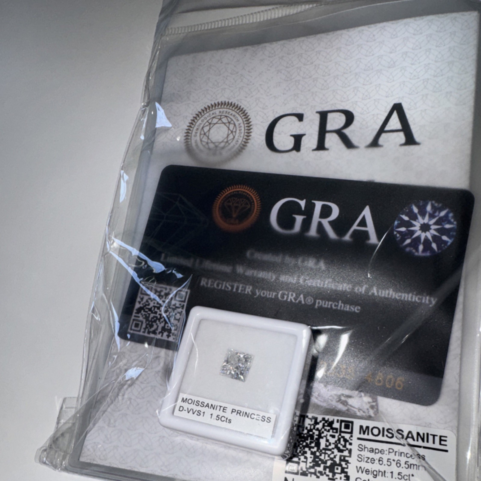GRA Moissanite Princess Cut 6.5x6.5mm VVS1 White GRA Certified #23354806