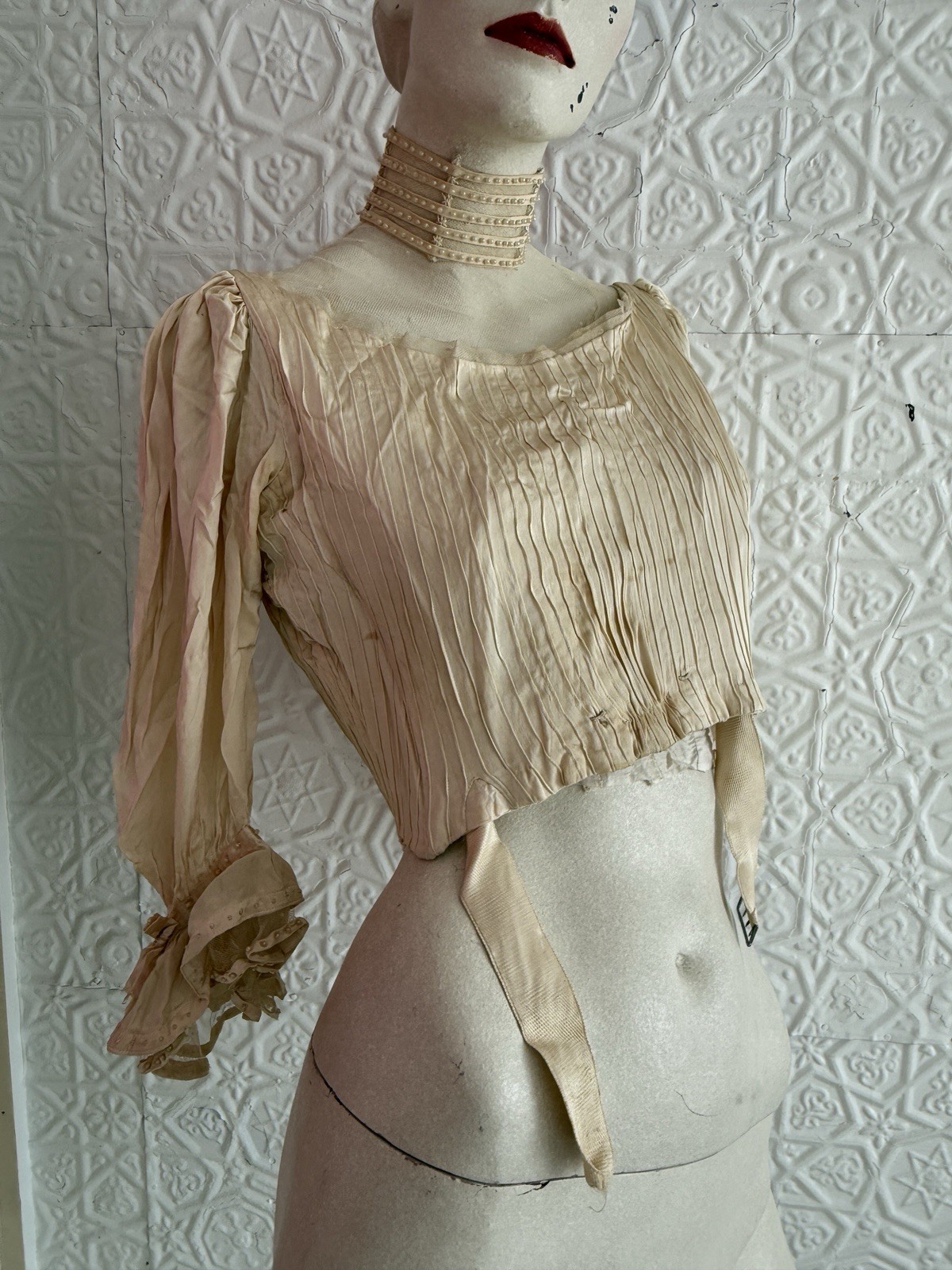 antique pleated silk bodice two piece victorian pirate princess ivory cream xs/s