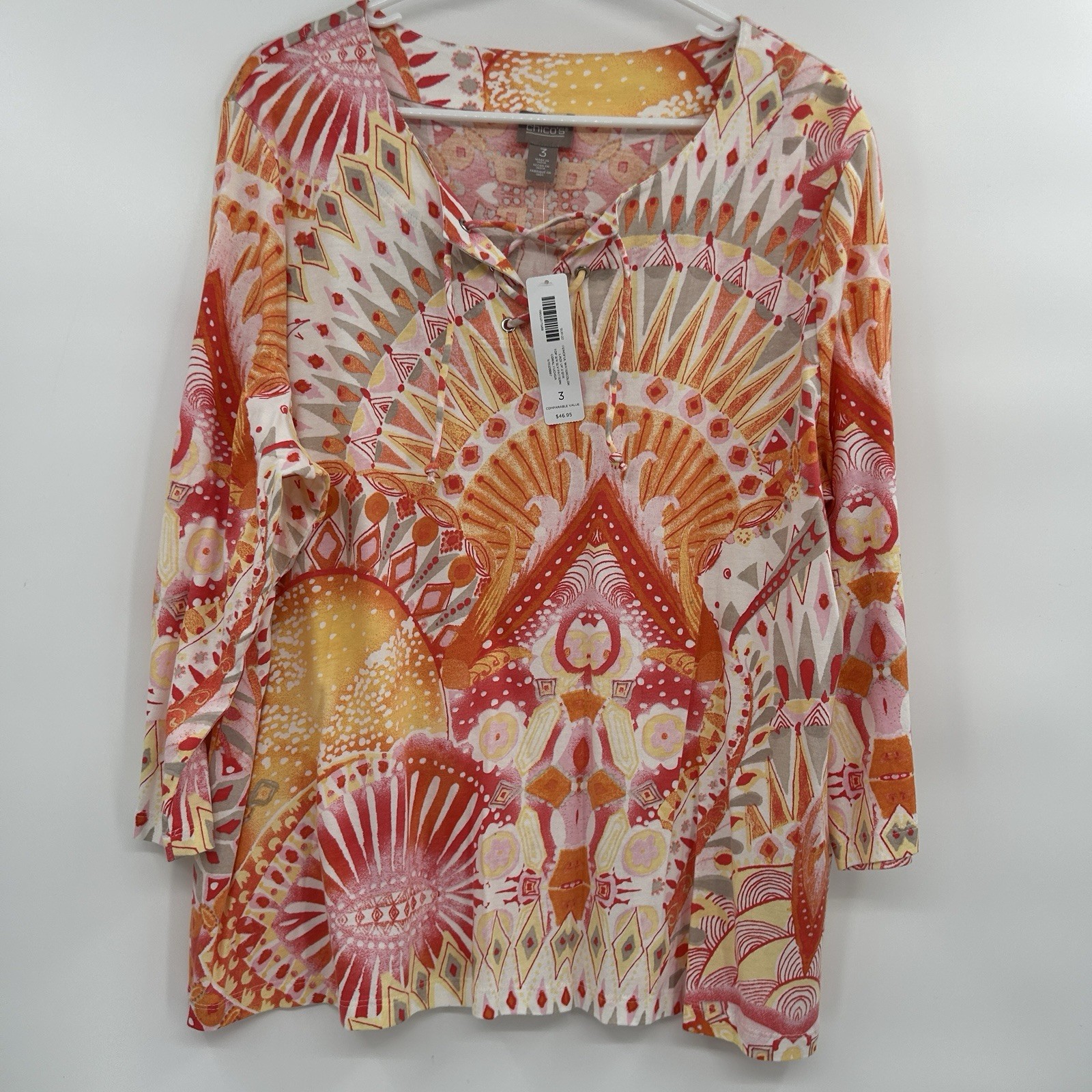 Chicos Womens Fenciful Watercolor 3/4 Sleeve Top Sz XL Resort Artsy Boho Coastal