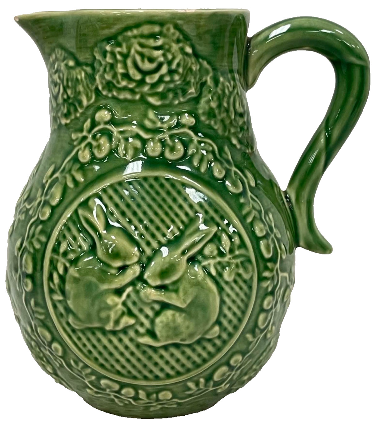 Vtg Bordallo Pinheiro Green Rabbit Pitcher Majolica Portugal 7.25