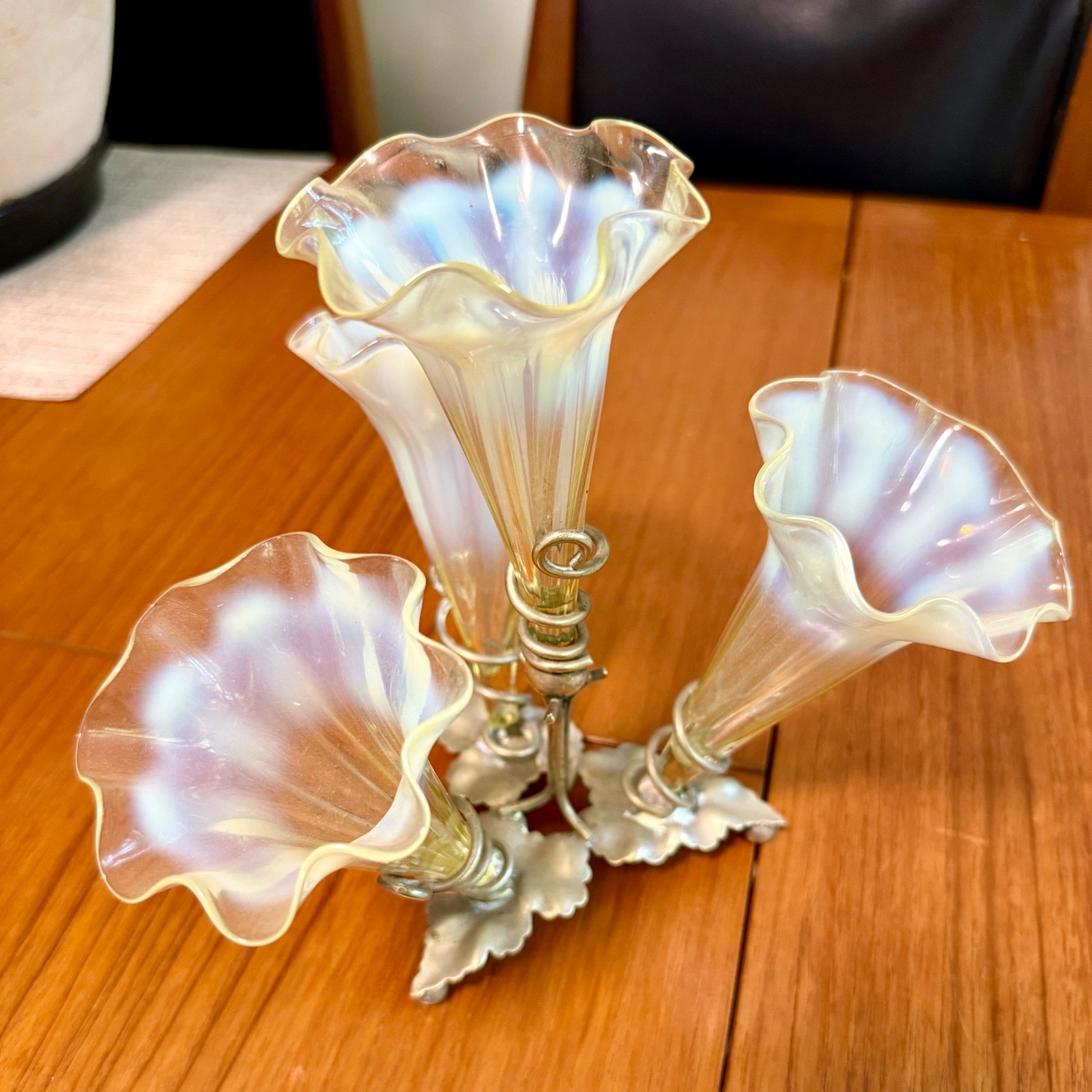 Antique C.1915 Art Nouveau Vaseline Uranium glass & leaf base EPNS Epergne