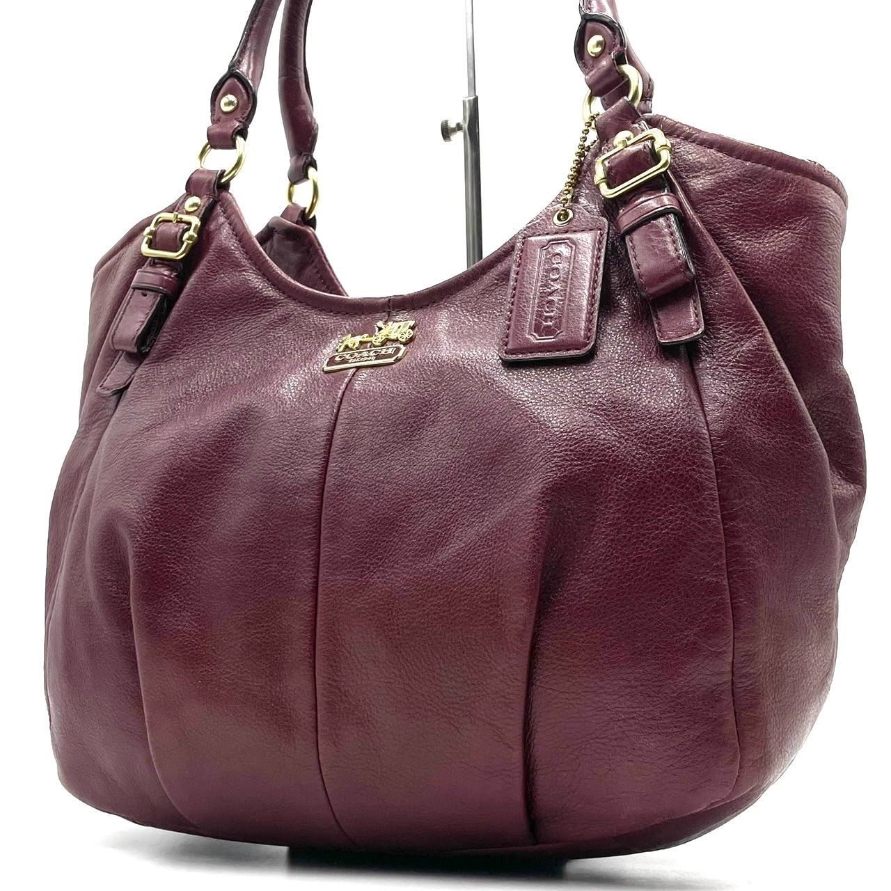 COACH Madison Leather Tote Handbag Bordeaux Horse Logo Charm 18612 Auth