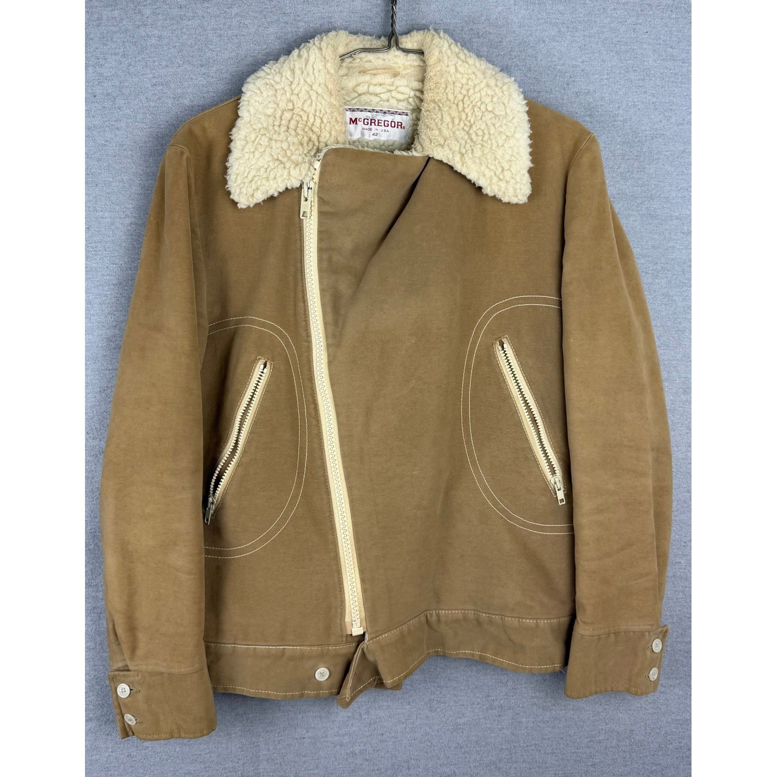 Vintage McGregor Sherpa Lined Jacket Mens 42 Tan Brown Asymmetrical Zip USA Made