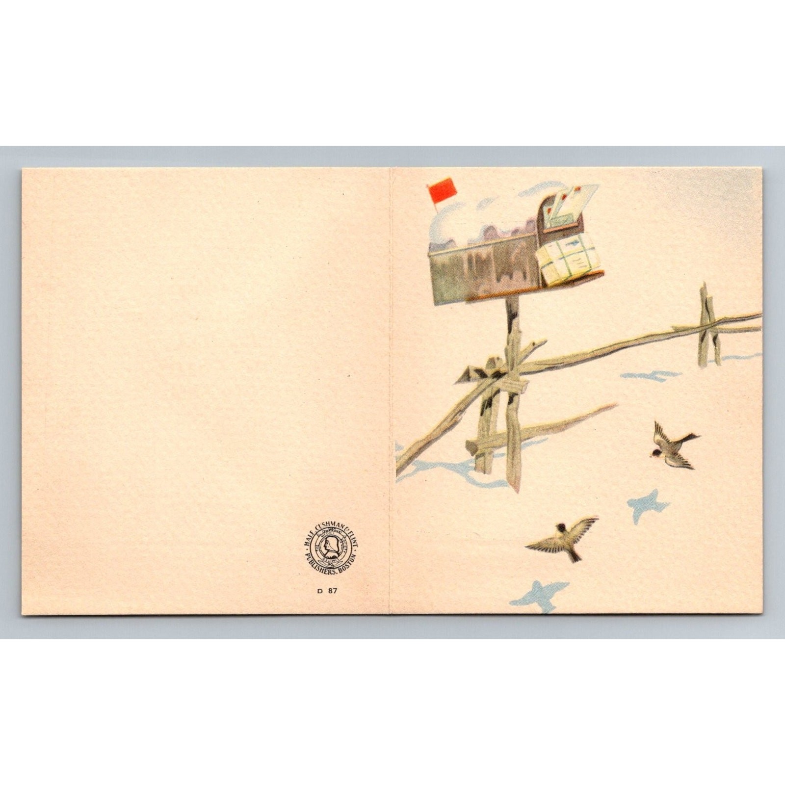 Vintage 1942 Hall-Cushman Greeting Card & Envelope Winter Mailbox Birds