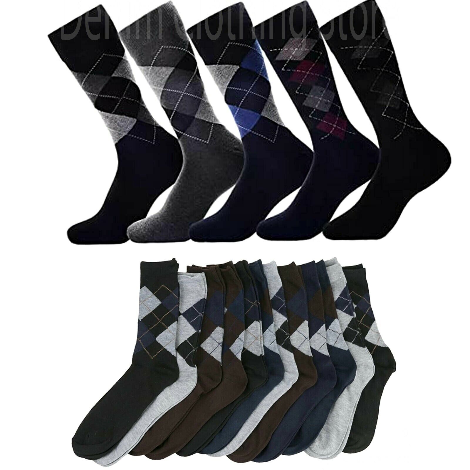  Men's Fashion Argyle Pattern Lot 6 12 pairs Cotton Blend Dress Socks 9-11 10-13