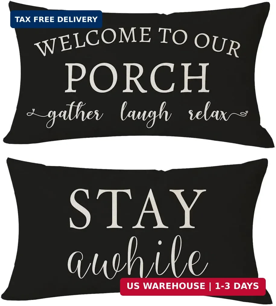 Welcome to Our Porch Stay Awhile Farmhouse Black and White Outdoor Lum
