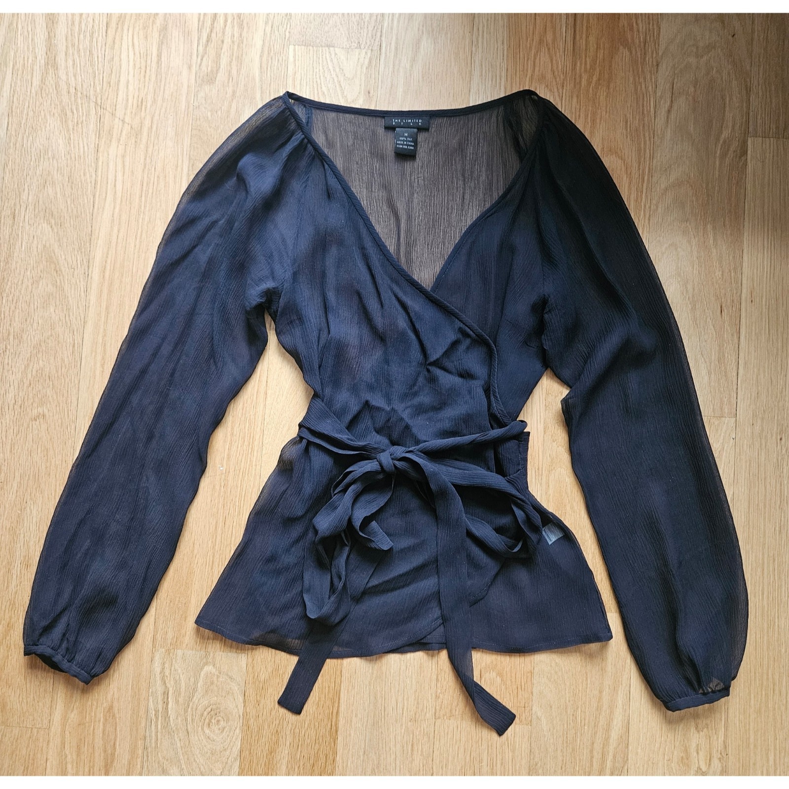 Vintage 90s The Limited Navy Blue Sheer 100% Silk Wrap Blouse Medium