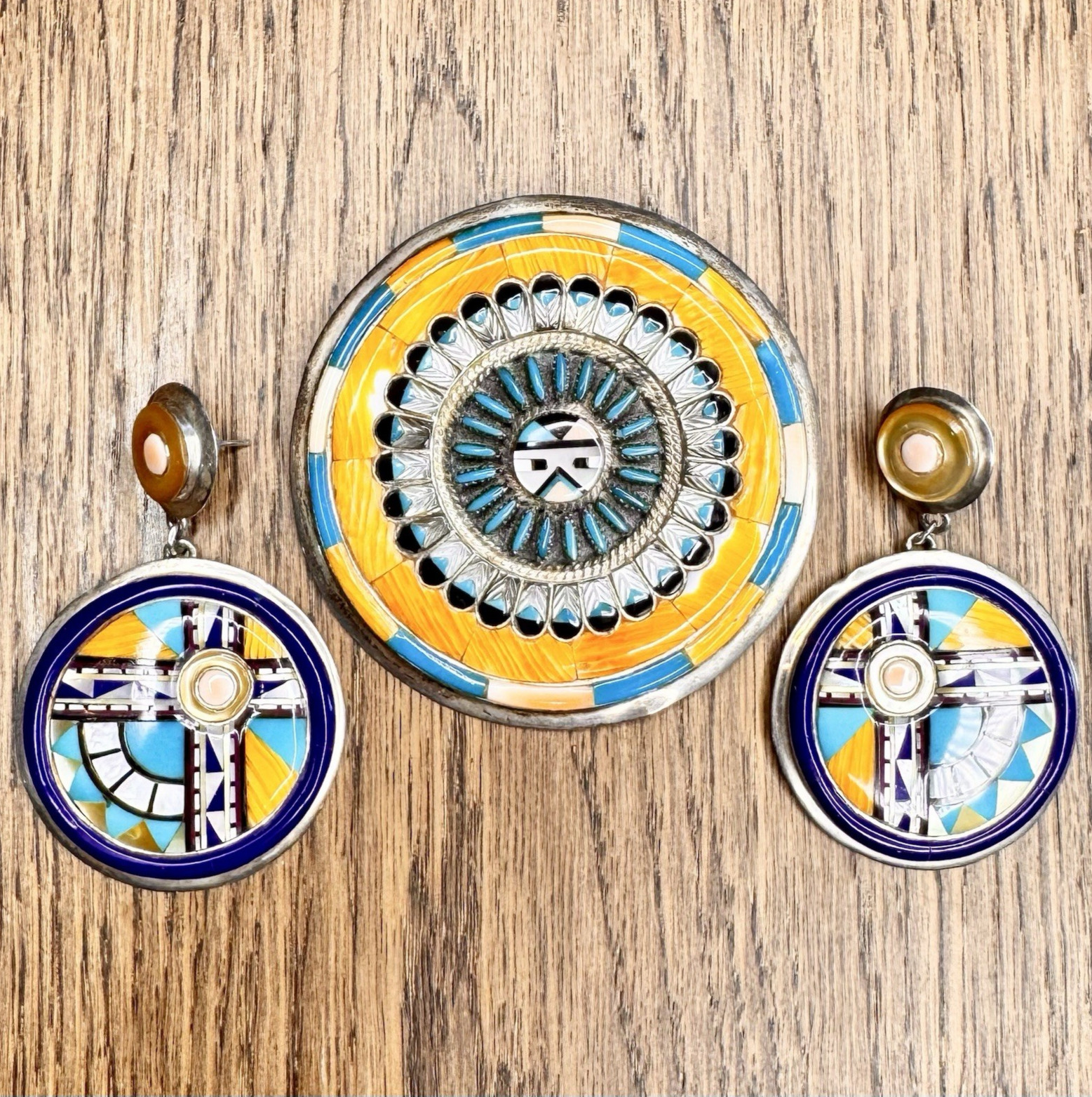 Vtg Sterling Silver Zuni Sunface Spiny Oyster Inlay Brooch/Pendant Earrings Set