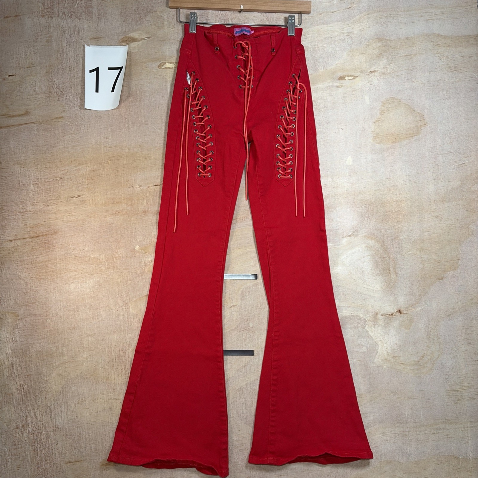 Edikted Women\'s Lace Up Zip Denim Red Flare Jeans Size S 26x32”