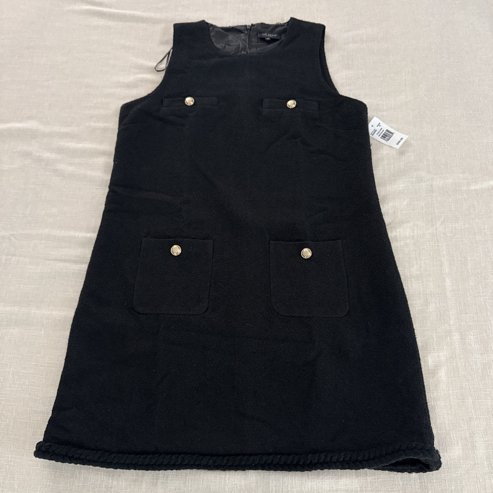 Ted Baker London Women\'s Sleeveless Rich Black Dress Gold Buttons Pockets Size M Ted Baker London Women\'s Sleeveless Rich Black Dress Gold Buttons Pockets Size M