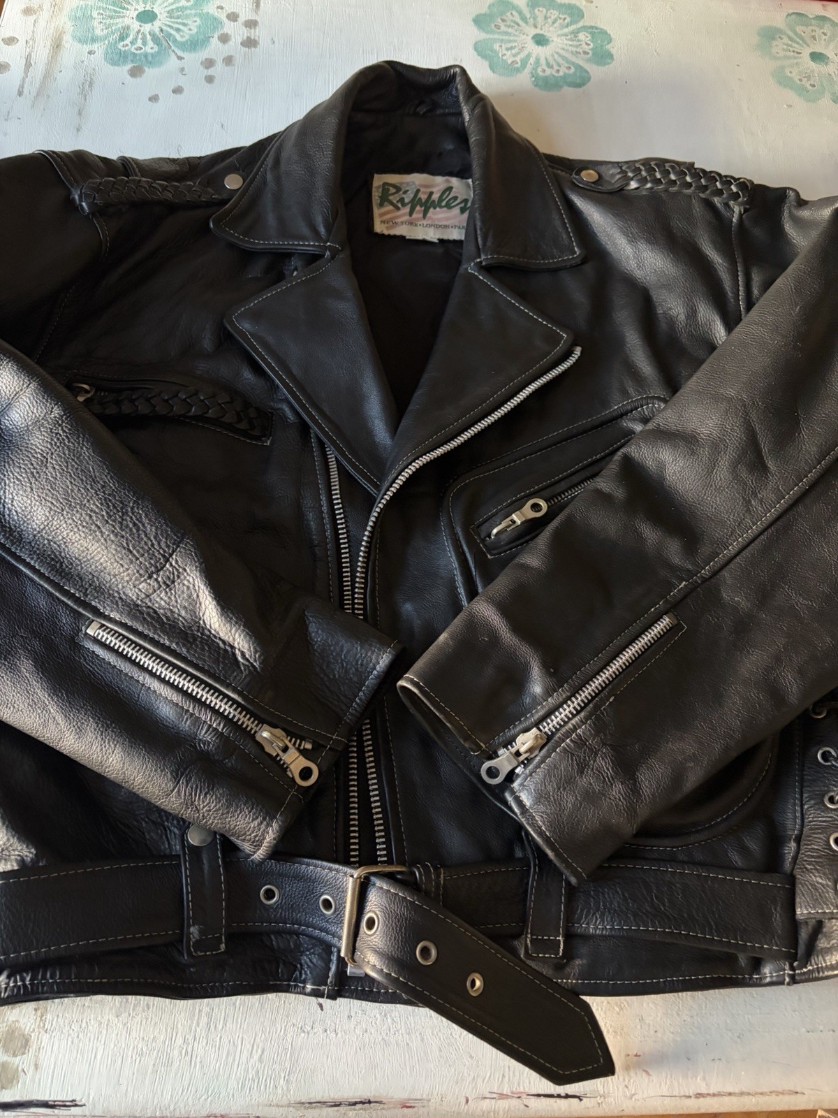 Vintage 1980’s Ripples Leather Jacket Biker Braided Style XL Vintage 1980’s Ripples Leather Jacket Biker Braided Style XL