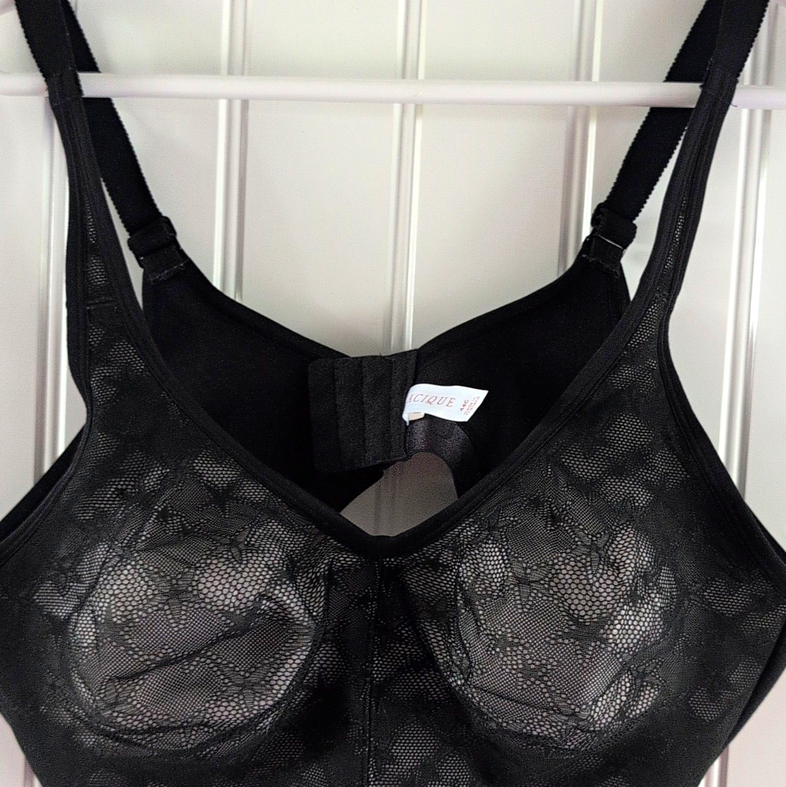 Cacique Black Sheer Floral Lace Underwire Unlined Bra 44C Hook & Eye