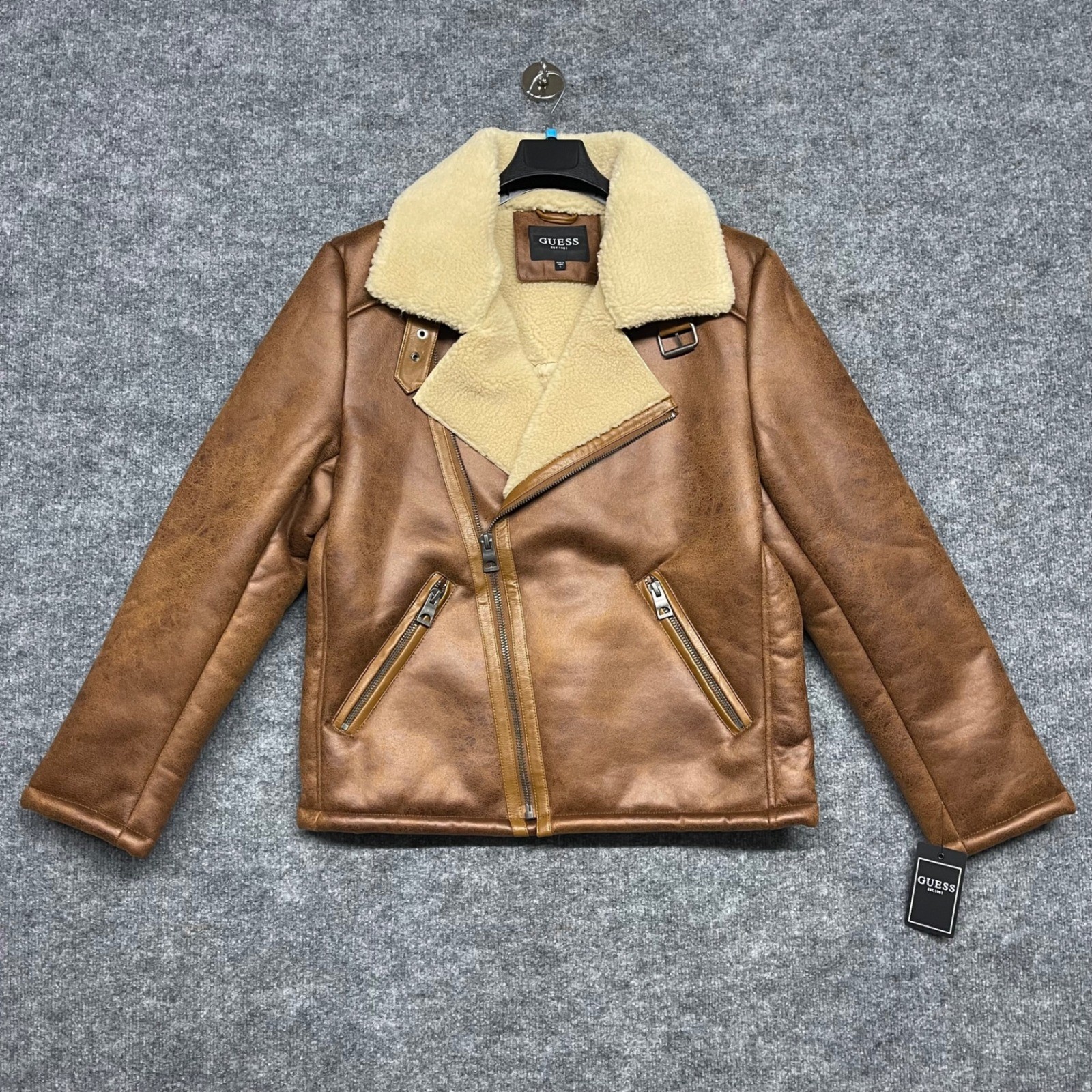 Guess Jacket Mens Large Brown Faux Shearling Asymmetric Moto Toni DF Biker Coat