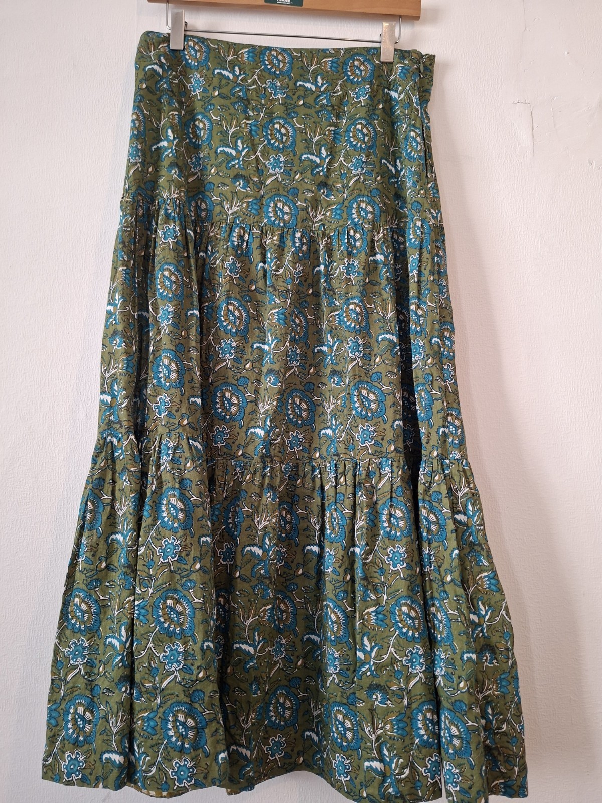 Anokhi for East Maxi Skirt Block Print Cotton UK 12 Olive,Teal Floral-Dor