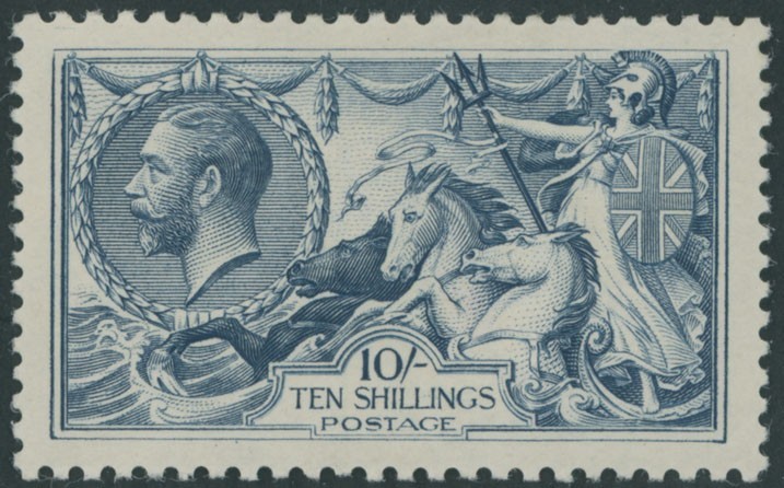 1919, GREAT BRITAIN SEA HORSES 10/ BLUE OF BRADBURY WILKINSON, LH, VF, SG#417