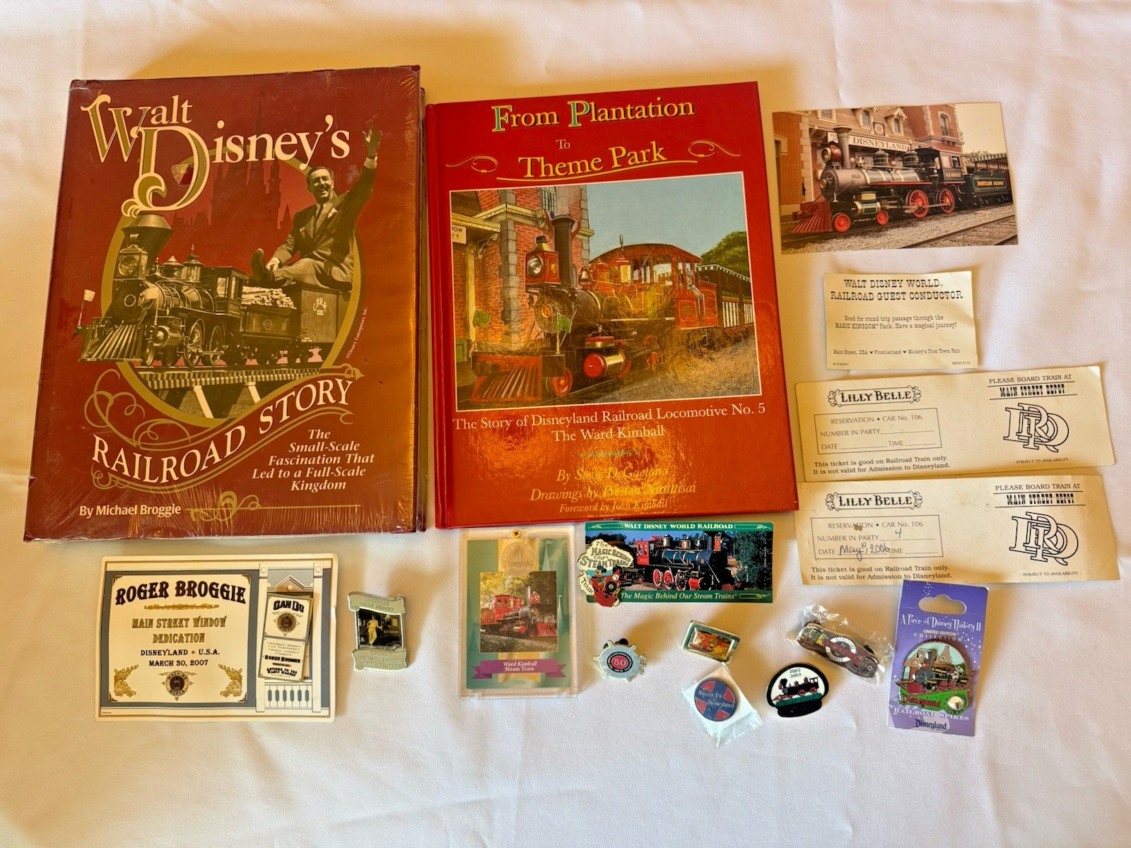 RARE DLRR Collectors Lot - Walt’s Railroad Story Book, Lilly Belle Tix, 9 Pins