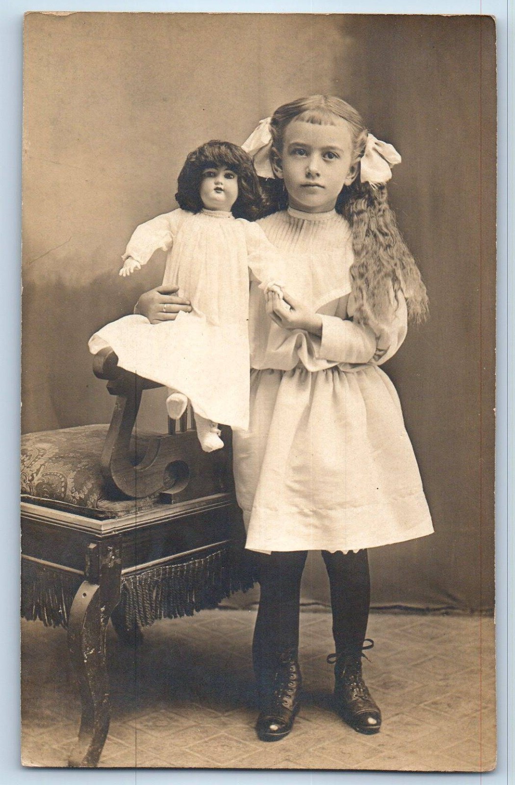 c1910's Child Girl With Doll Toy Studio RPPC Photo Antique Unposted Postcard