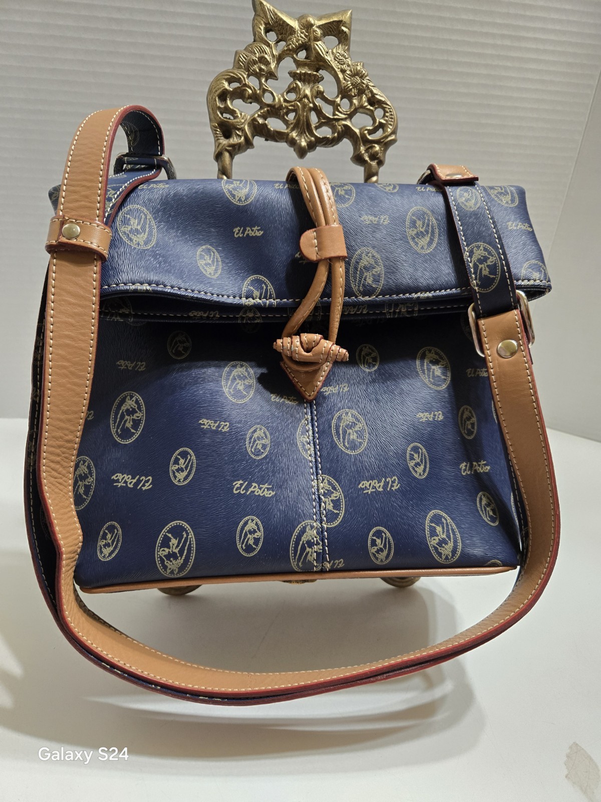 EL POTRO Monogram Blue Canvas With Natural Cowhide Trim Small Messenger Bag