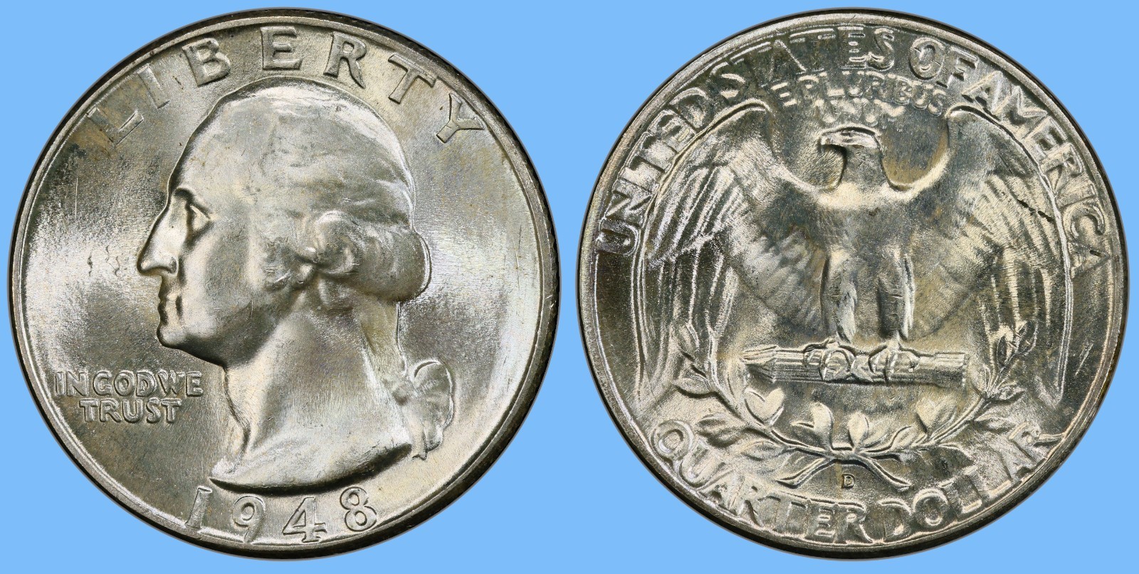 1948 D Washington Quarter ~ BU Uncirculated Mint State ~ 90% Silver 25c US Coin