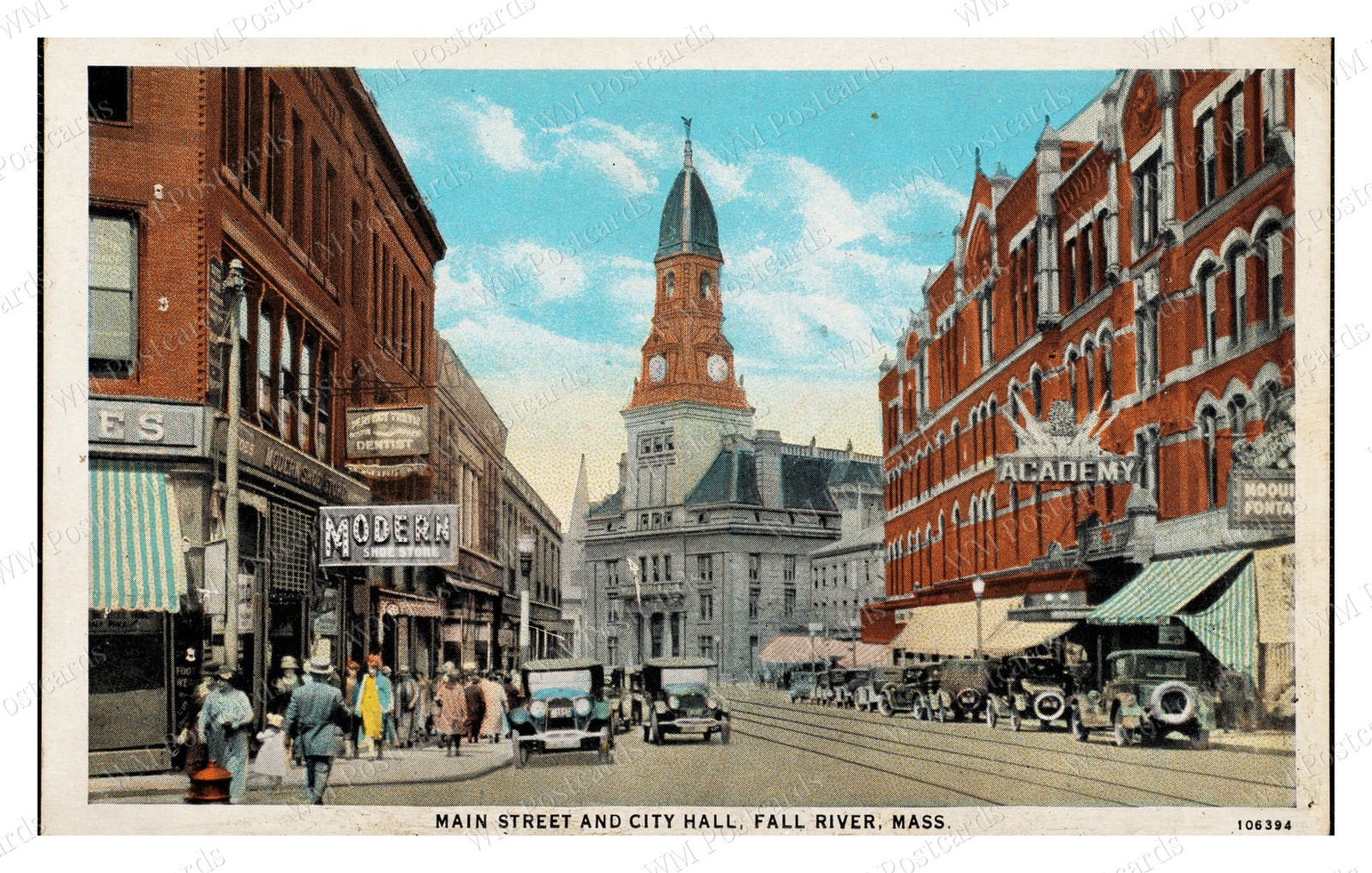 Fall River Massachusetts 1920s Main Street City Hall Standard Postcard