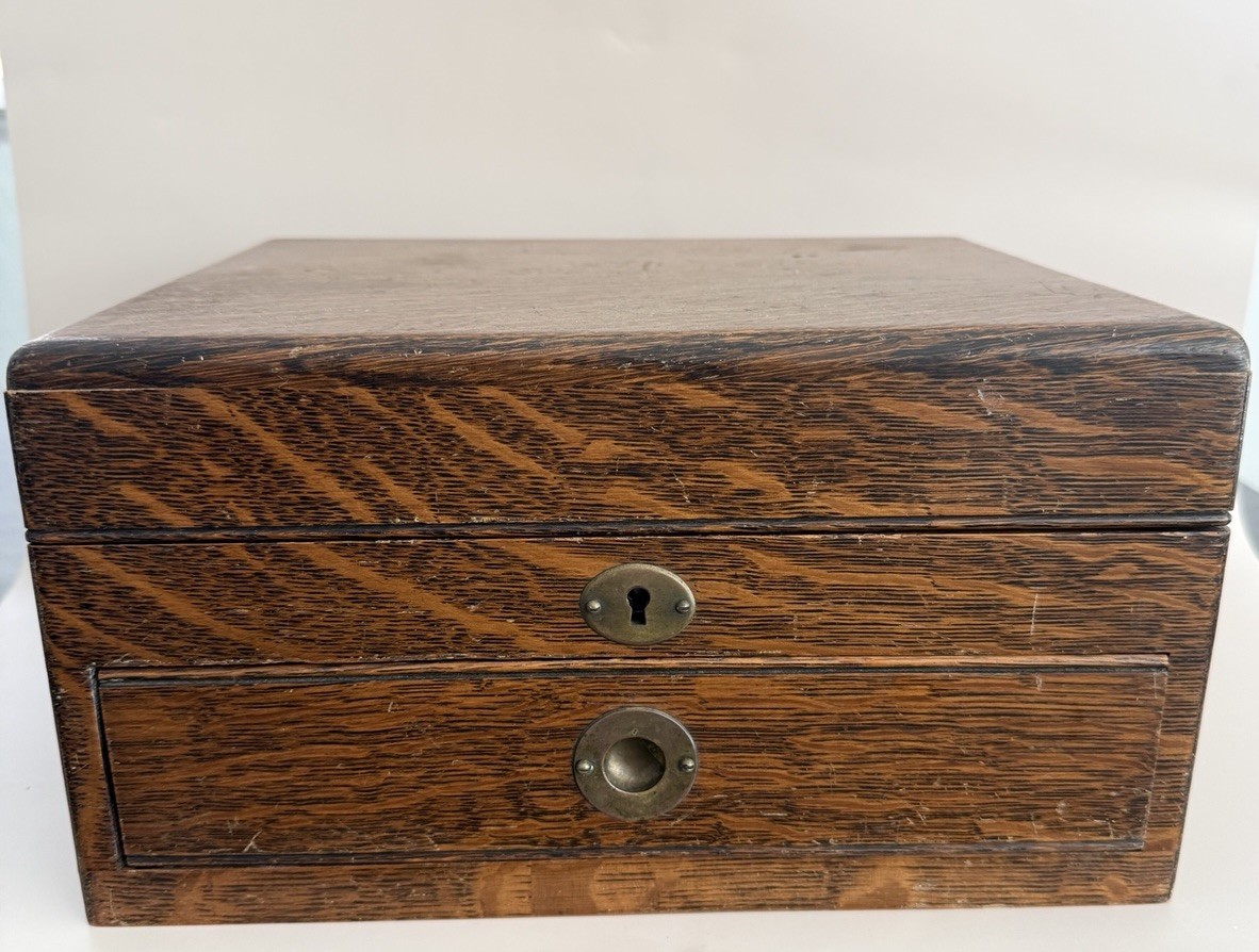 Antique Oak Silverware Chest with Green Velvet Lining and Drawer