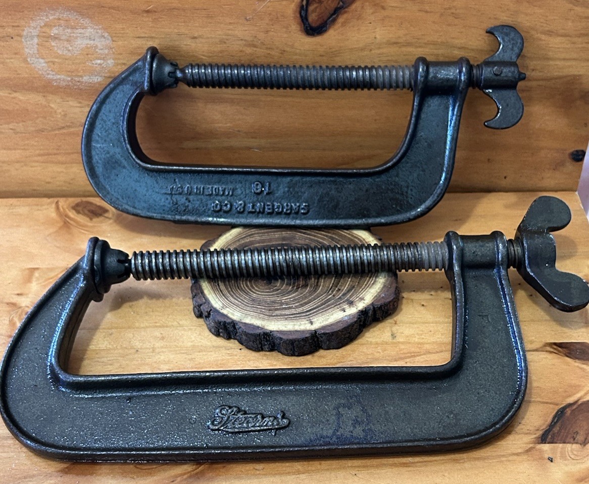 Vintage Heavy Duty C-Clamp Lot 2 Sterns 8” Sargent # 16 Batwing Knob