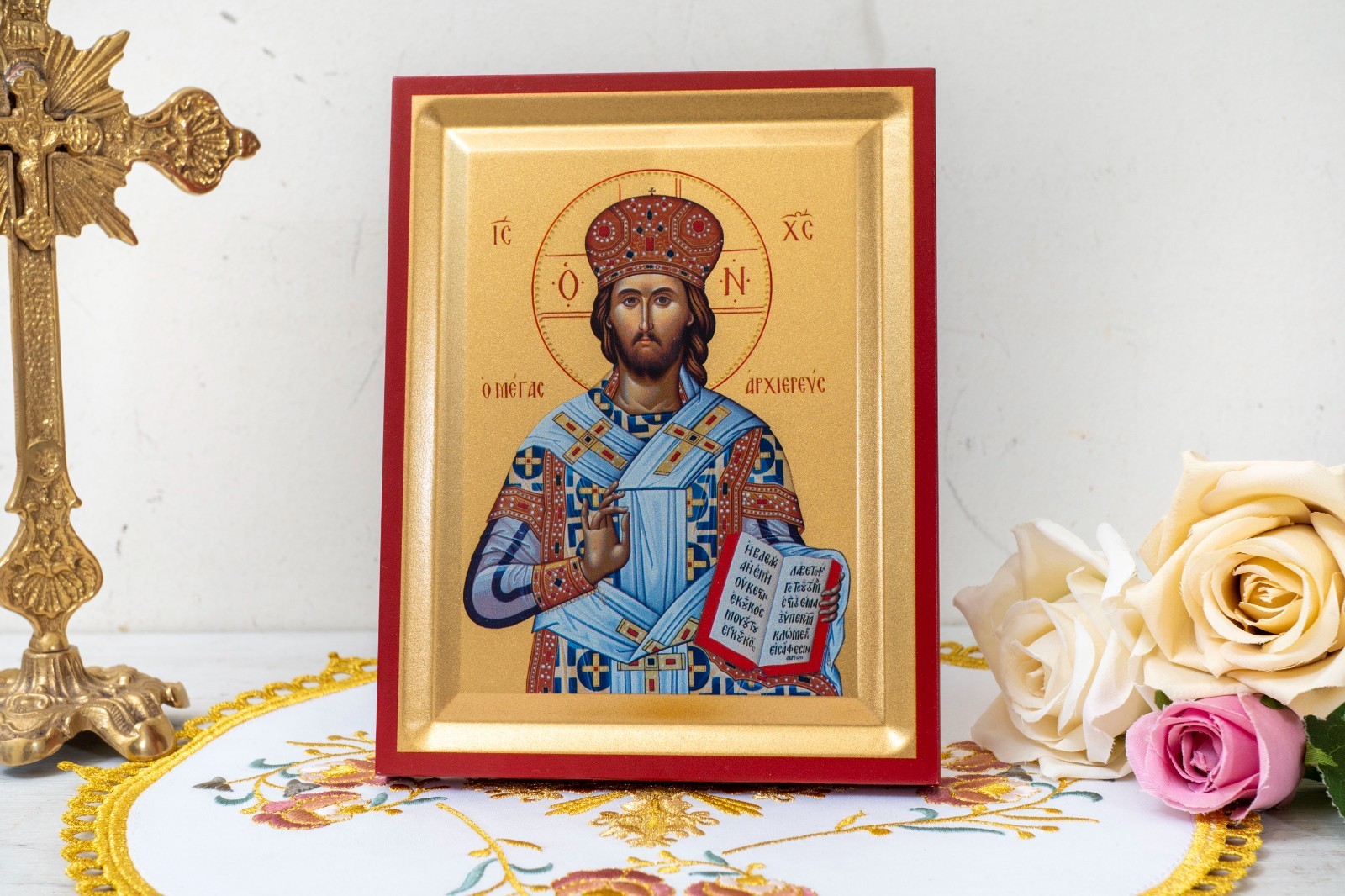 Jesus Christ the High Priest Icon Handmade on Golden Silk Canvas,Stunning Detail