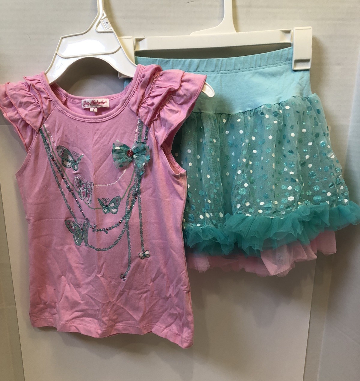 Jona Michelle-Girls Pink & Turquoise Top w/Polka Dot Layered Tutu Skirt-Size 7