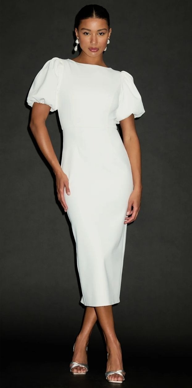 Lulus Simply Beloved White Puff Sleeve Bodycon Midi Dress Size M NWOT