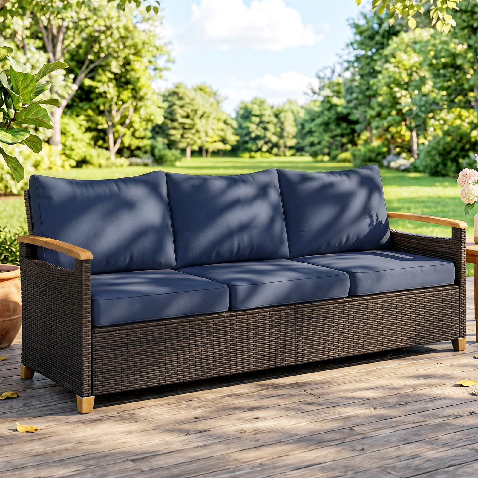 Outsunny 3 Seater Outdoor Couch Sofa with Cushioned Wide Seats, Dark Blue