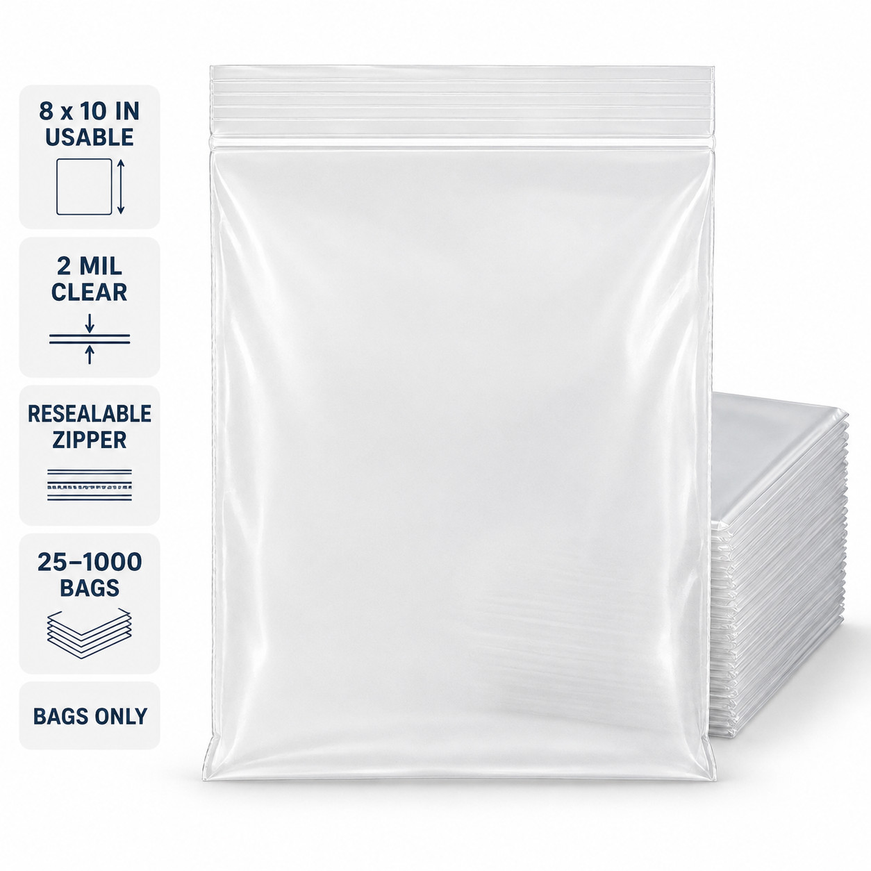 8x10 Clear Zip Bags 2 Mil Resealable Plastic Zipper Storage 25-1000 Count