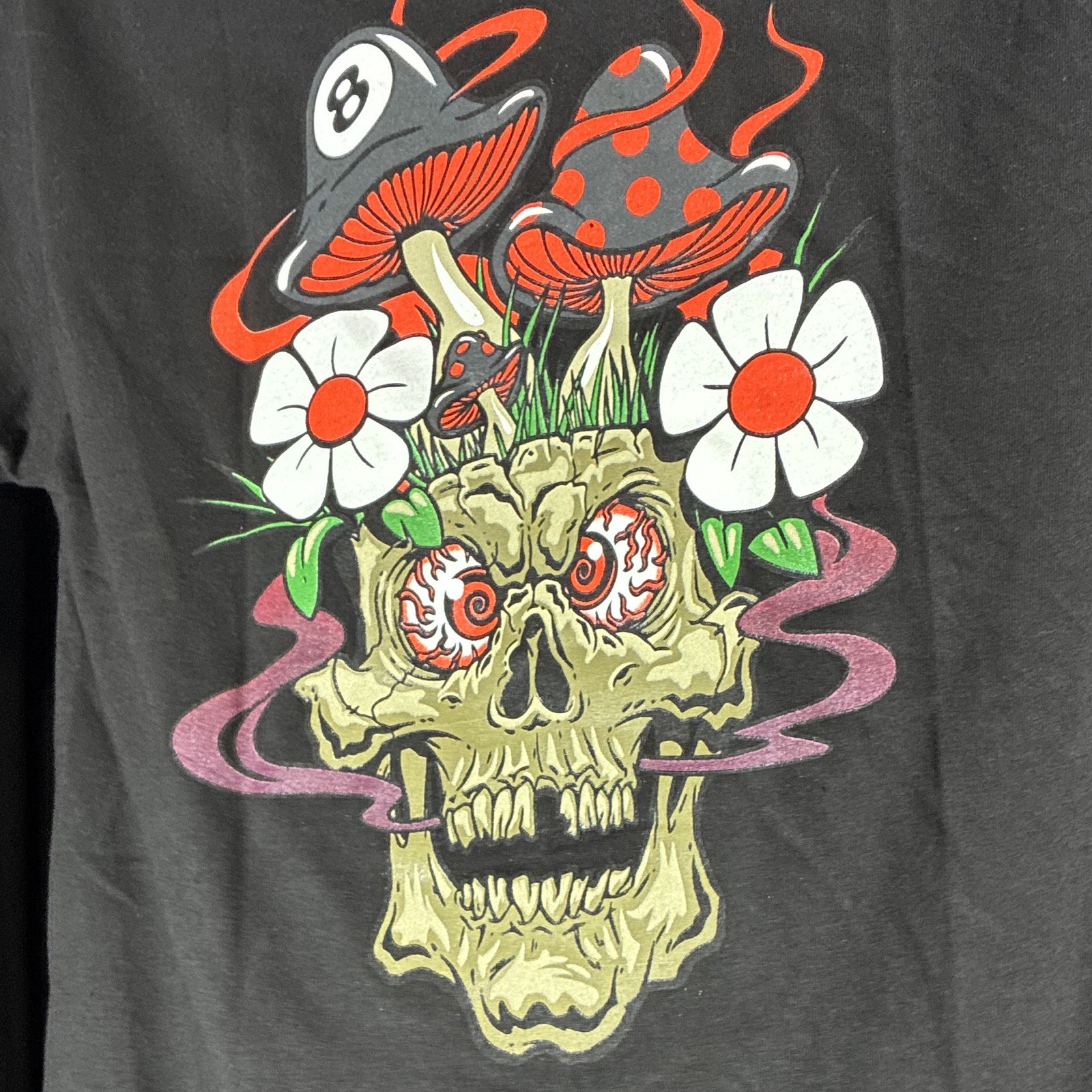 Grizzly Skateboard T Shirt Adult Medium Black Skull Shroom Flower Skater