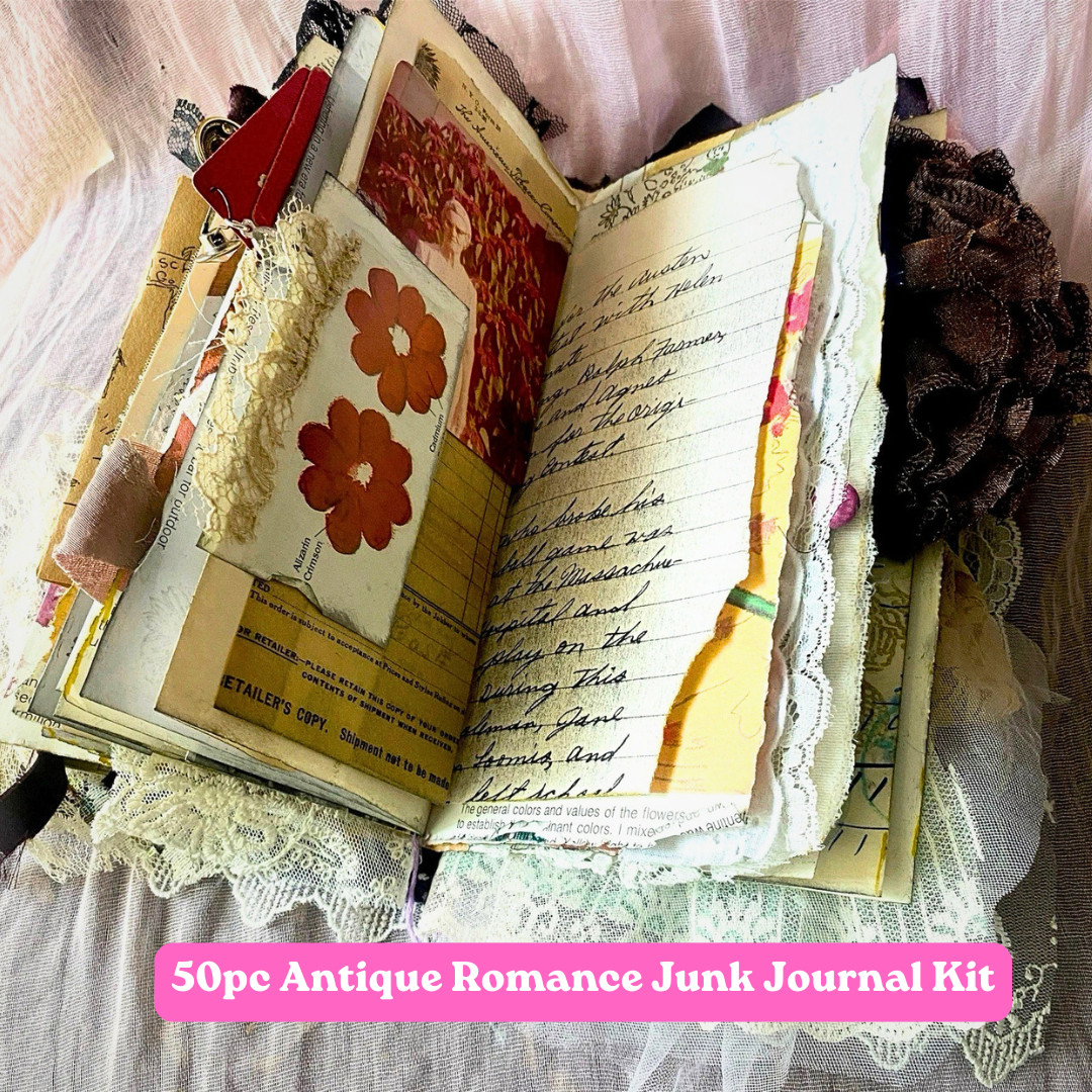 50pc Antique Romance Junk Journal Kit – Vintage Paper, Lace, Ribbon & Ephemera