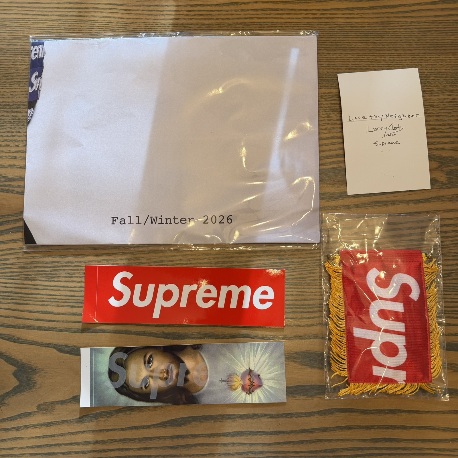 Supreme FW26 Week 1 Bundle: Dadhboard Flag & Jesus Prayer Box Logo Sticker Set Supreme FW26 Week 1 Bundle: Dadhboard Flag & Jesus Prayer Box Logo Sticker Set