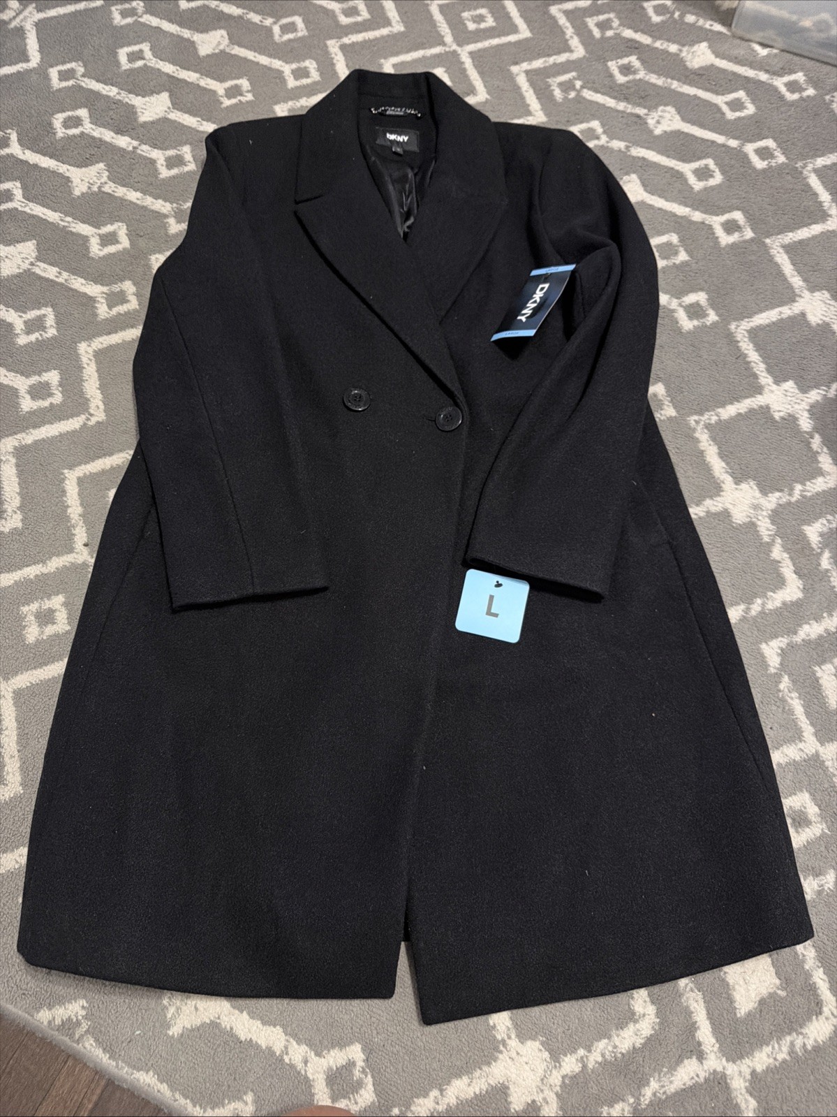 DKNY Women\'s Black Double Breasted Faux Wool Wrap Coat Size LARGE NWT DKNY Women\'s Black Double Breasted Faux Wool Wrap Coat Size LARGE NWT