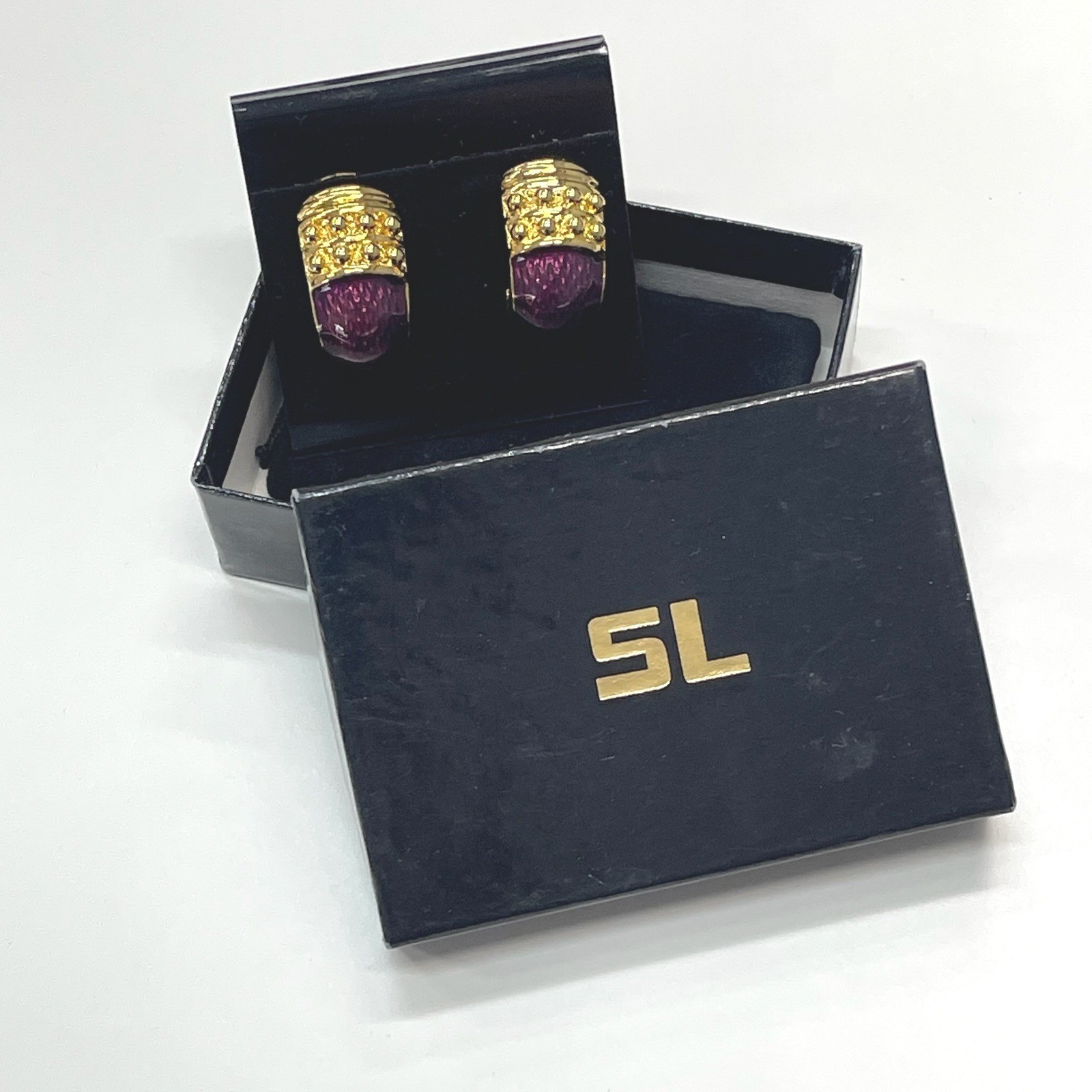 St. John Vintage Gold Purple Enamel Beaded Clip On Earrings with Box SL Knits