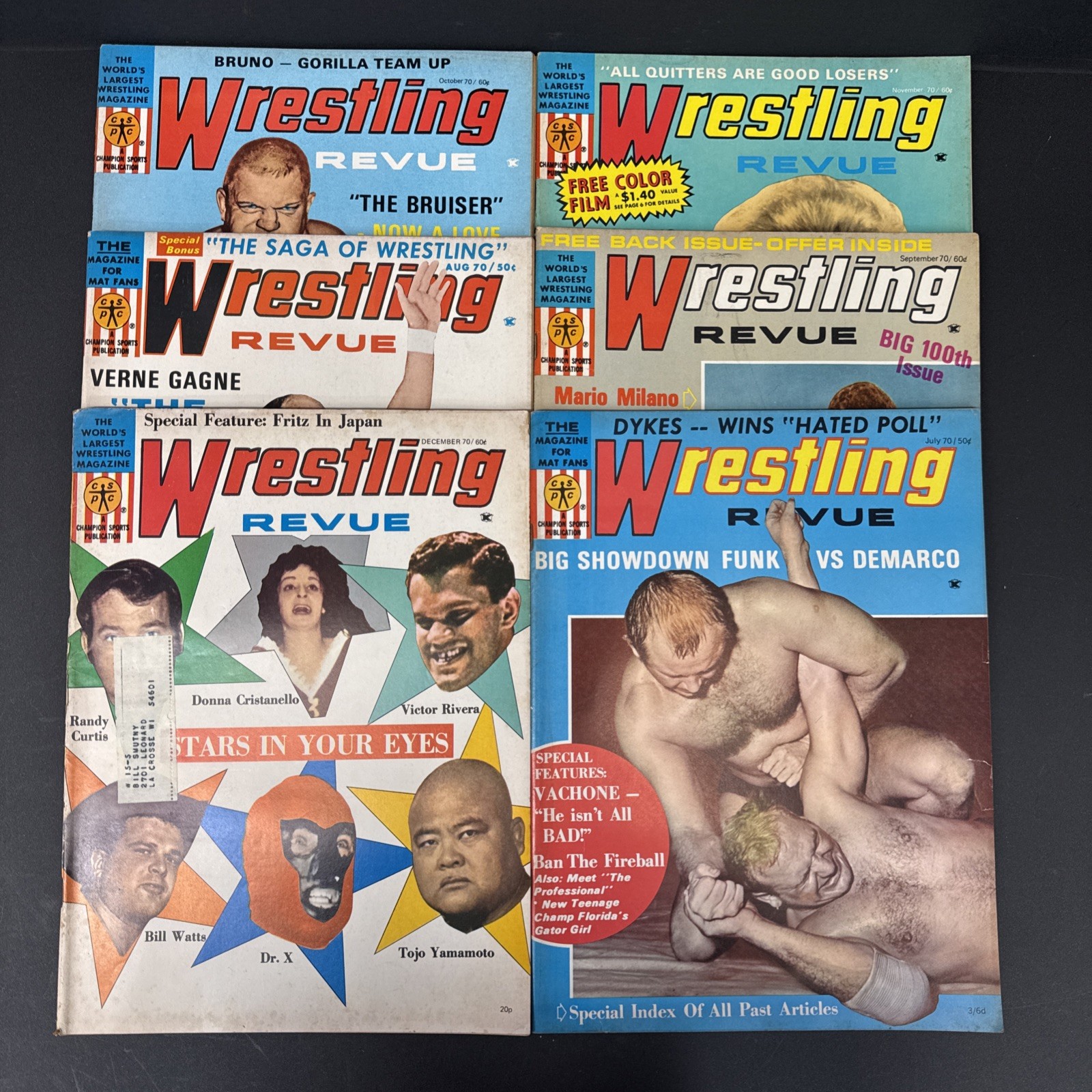 Vintage Wrestling Revue Magazines/ Lot Of 6 ( July - Dec 1970)