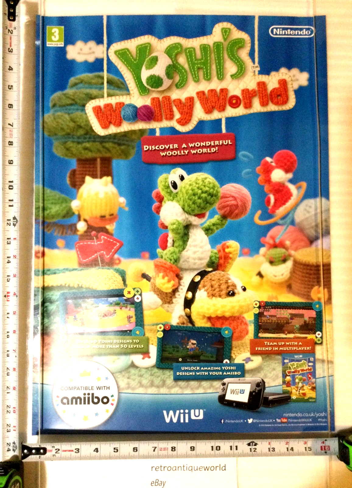 YOSHI\'S WOOLLY WORLD Wii U Promo Poster Display PAL Nintendo Mario amiibo RARE YOSHI\'S WOOLLY WORLD Wii U Promo Poster Display PAL Nintendo Mario amiibo RARE