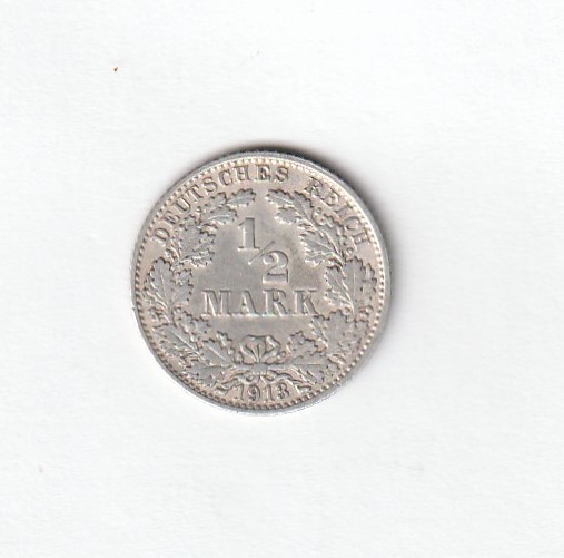 1913-J GERMAN EMPIRE 1/2 MARK ; 2.7 gr. 900 Silver Coin. XF/AU cond. Inv#406