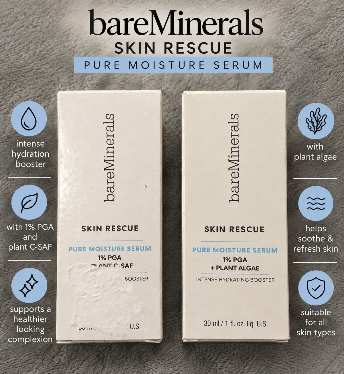 bareMinerals Skin Rescue Pure Moisture Serum 1% PGA Plant Algae 1 oz 2 Pack