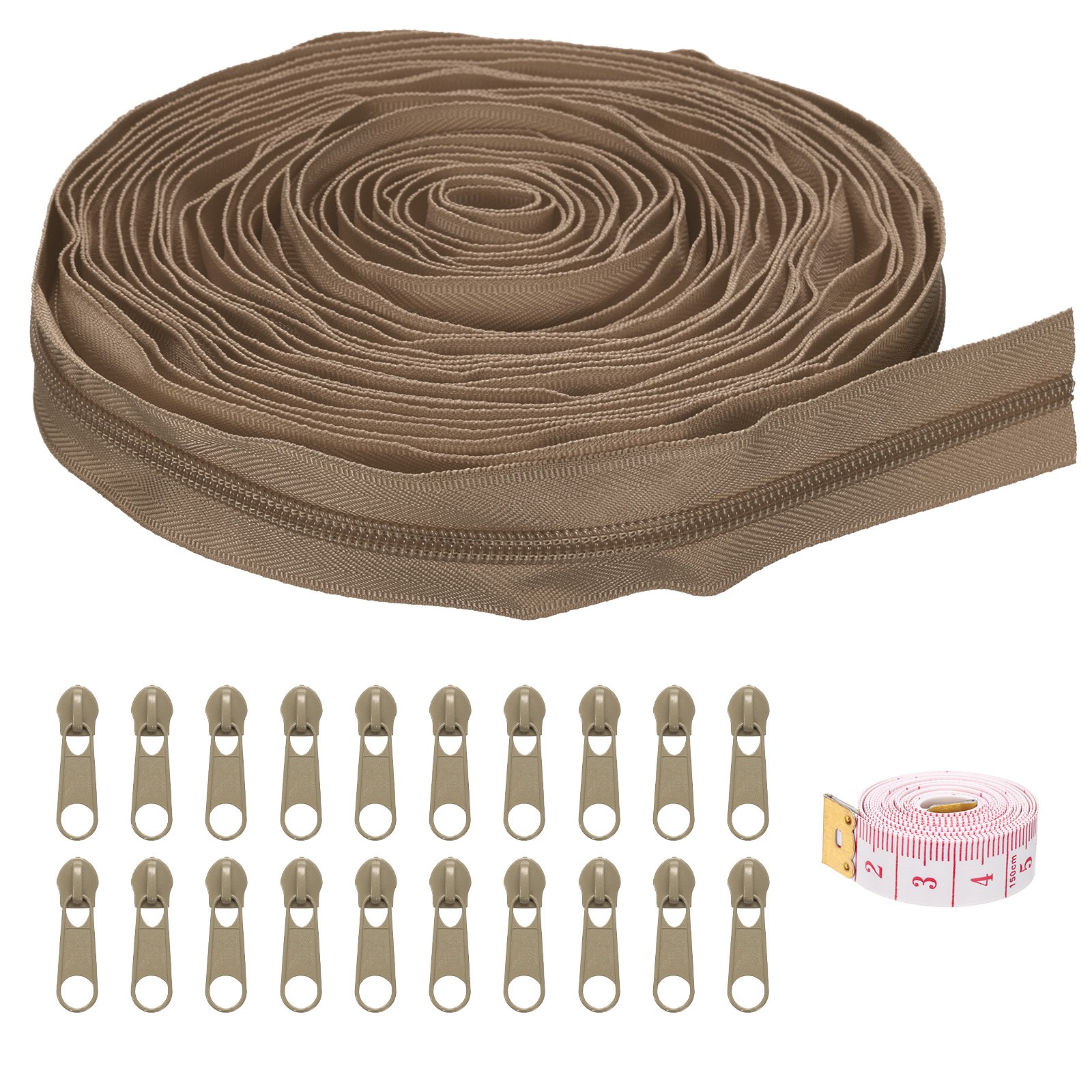 #5 10 Yards Nylon Coil Zipper with 20Pcs Zipper Sliders and Ruler Khaki