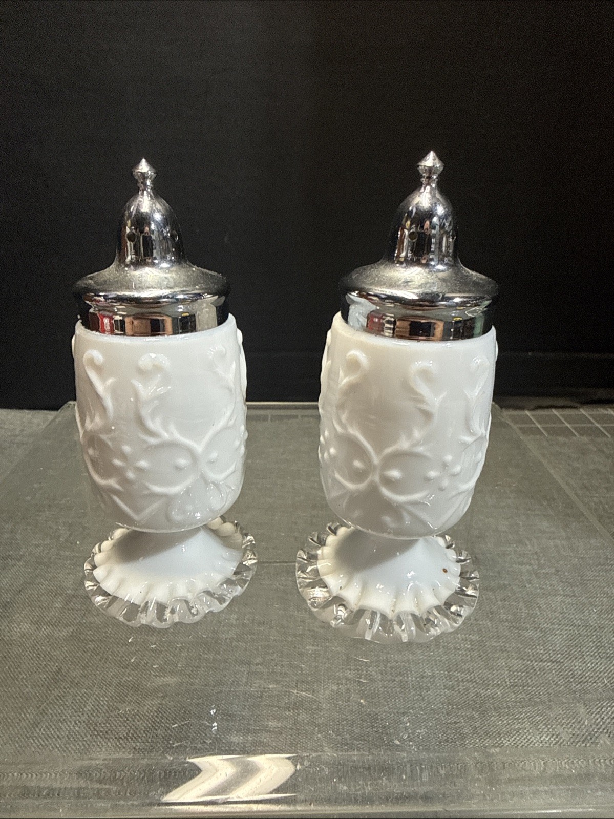Fenton Spanish Lace Silver Crest Salt and Pepper Shakers 3508-SC Fenton Spanish Lace Silver Crest Salt and Pepper Shakers 3508-SC