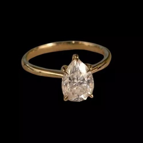 2.00 Ct Pear-Cut Real Moissanite Solitaire Wedding Ring Solid 10K Yellow Gold