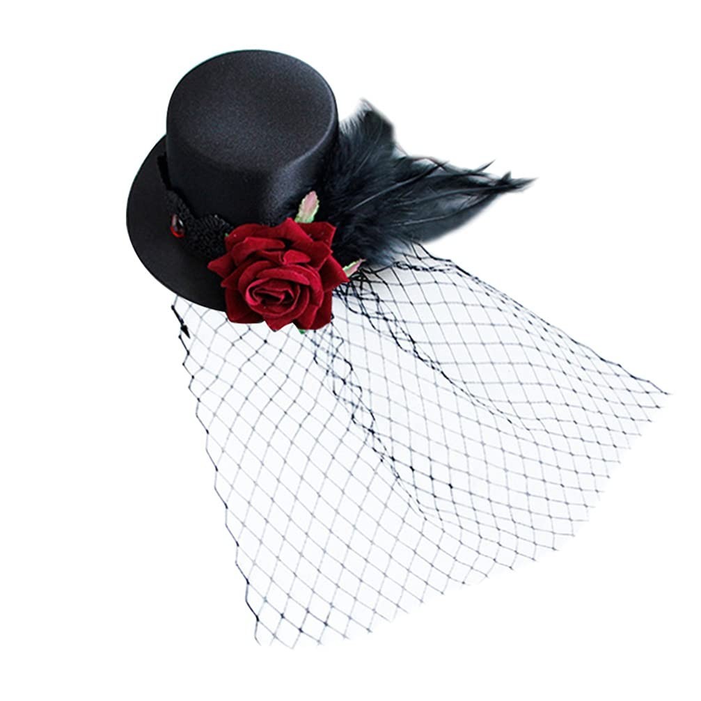 1920s Mini Fascinator Hat for Women - Black Satin Tea Party Headwear with Feathe