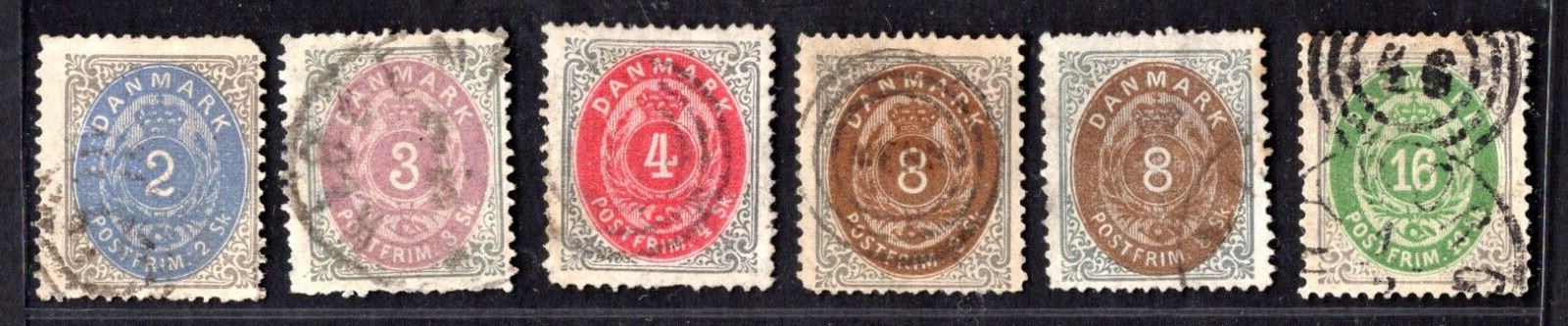 DENMARK 1870-1871 SC. 16-20 COMPLETE & COLOR VARIETY OF THE 8 WMK 112 PERF
