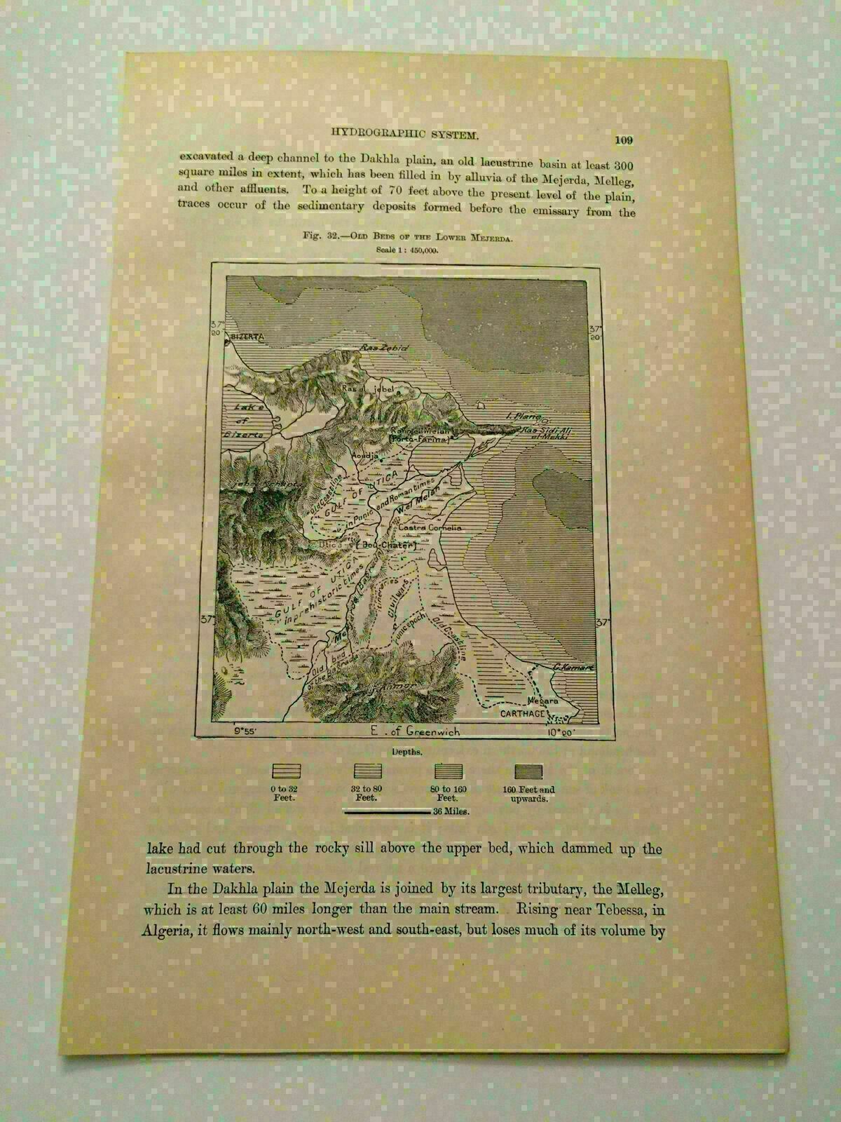 K117) Map of Old Bed of the Lower Mejerda Tunisia 1887 Engraving