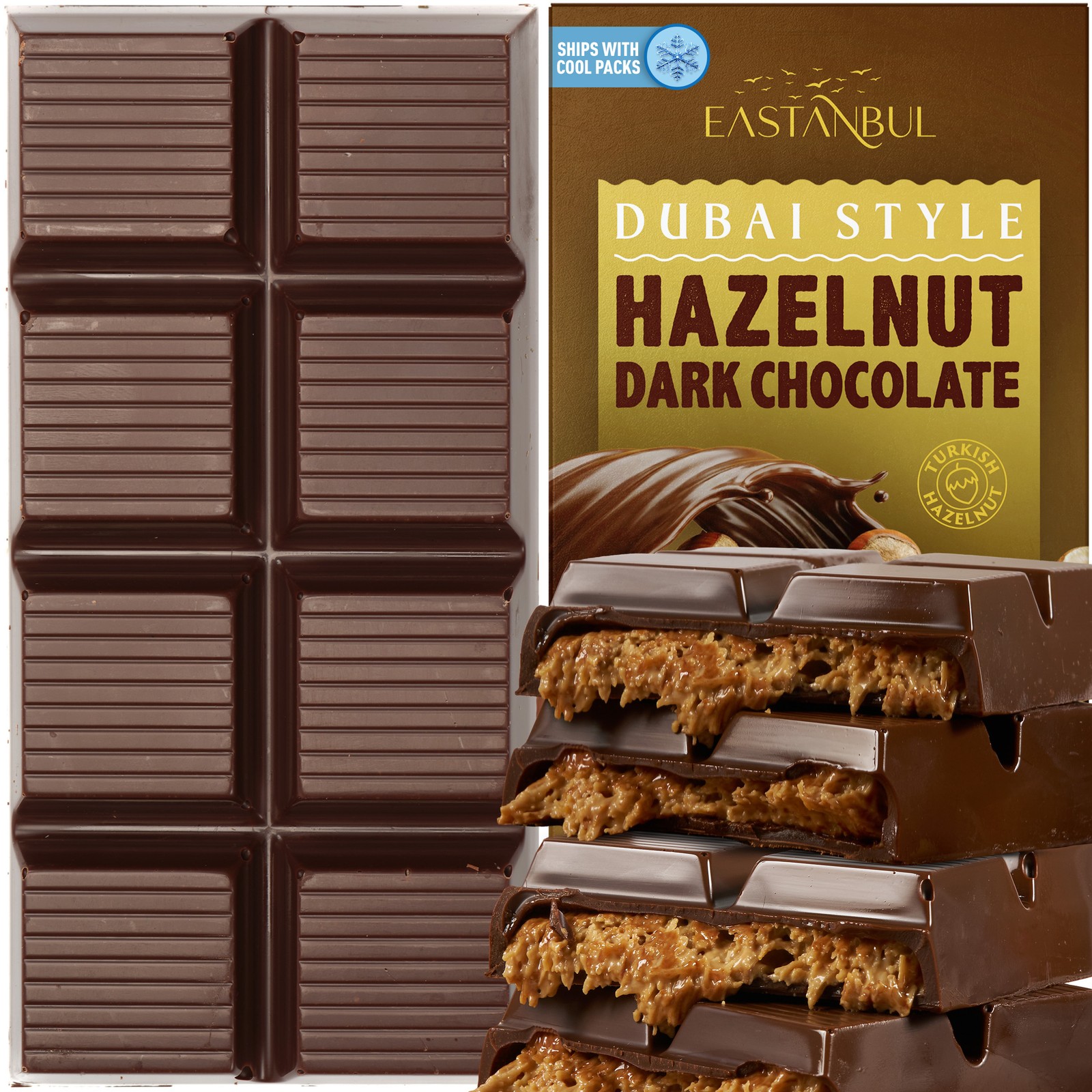 Eastanbul Dubai Dark Chocolate Bar with Hazelnut Cream and Kataifi, 7oz