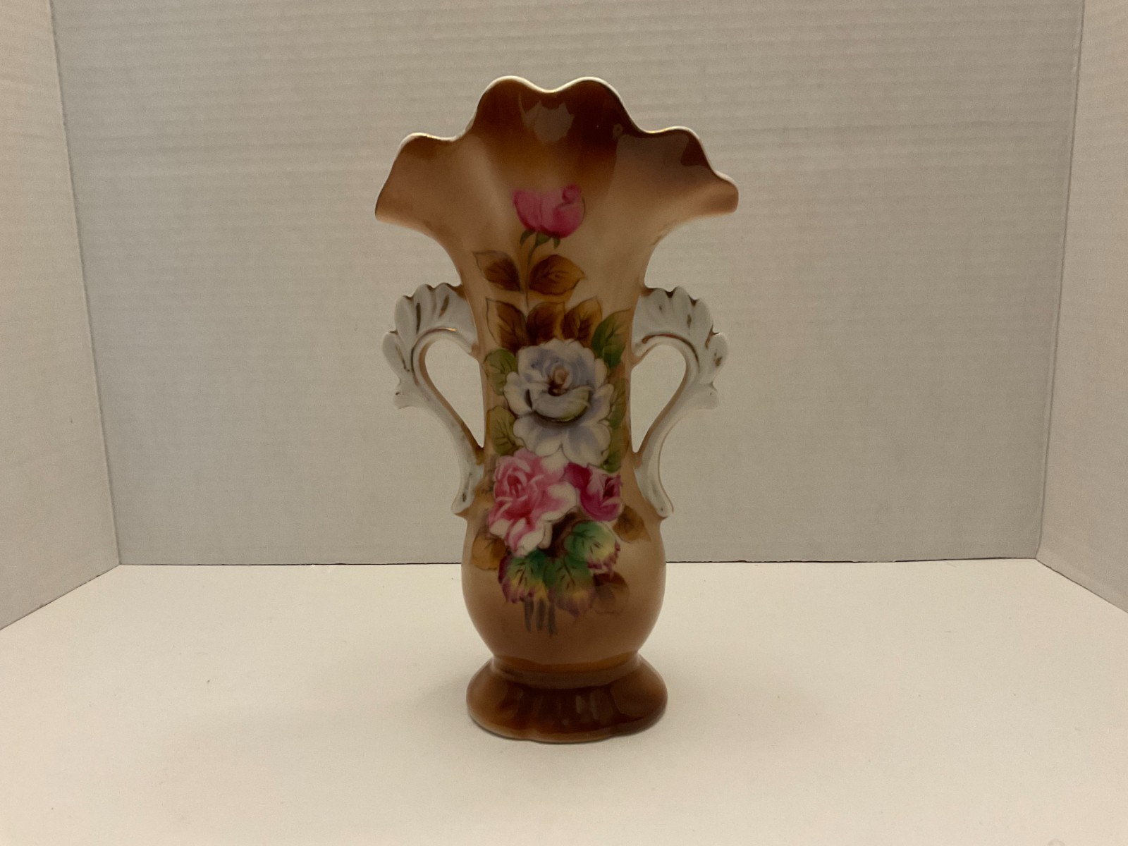 Antique Pair Hand-Painted Porcelain Floral Vases with Gilt Openwork Handles