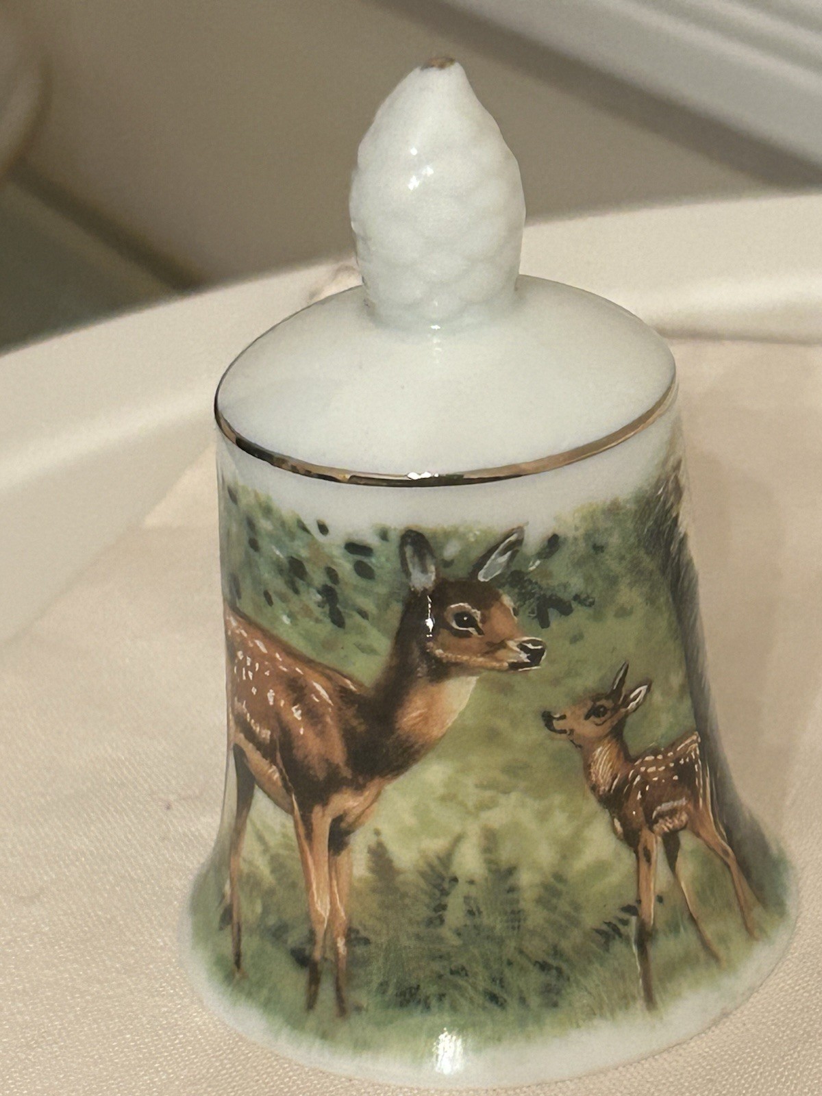 Vintage Zehendner West Germany Porcelain Bell Deer Woodland Scene Gold Trim