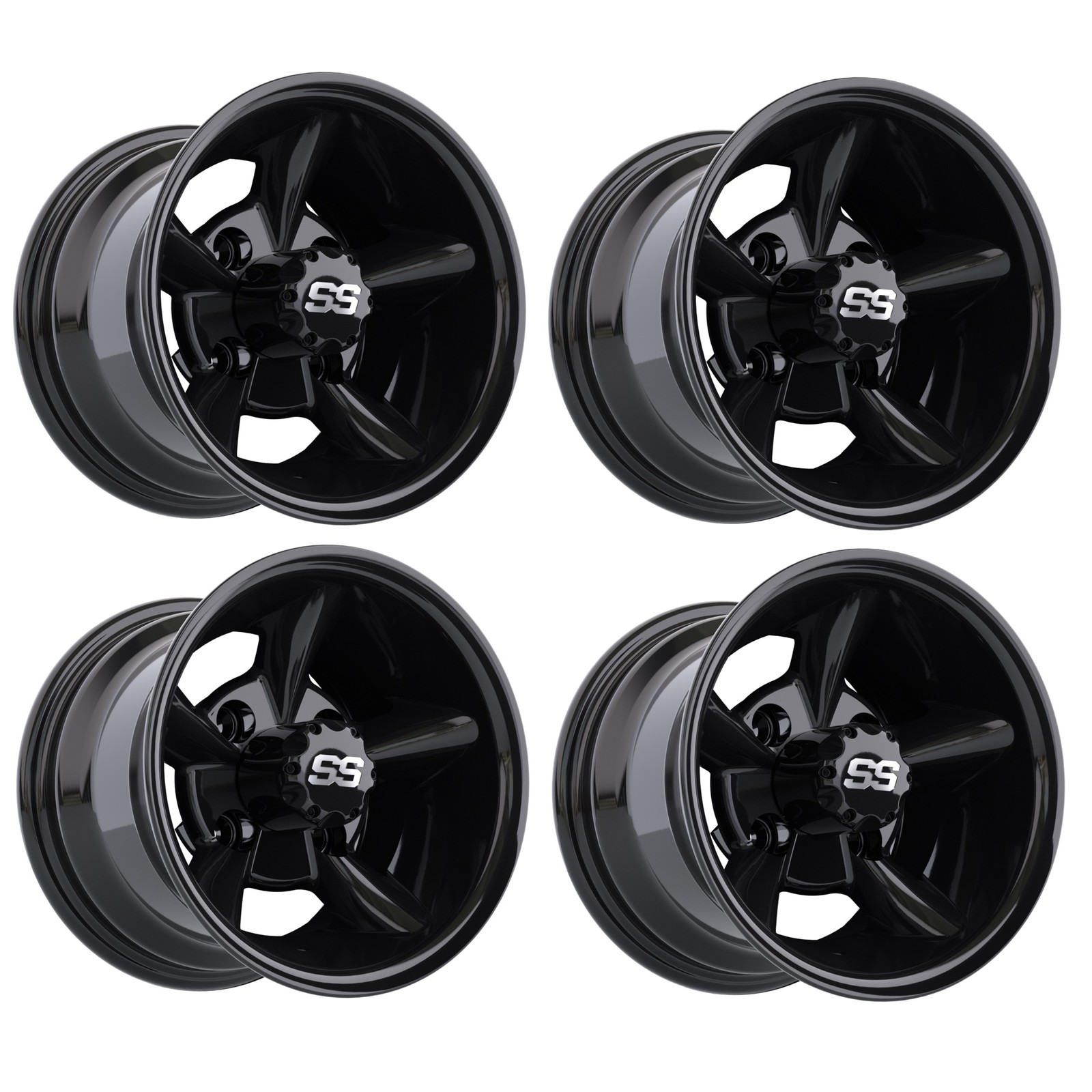 Set of 4 GTW Godfather 10x7 Gloss Black Aluminum Golf Cart Wheel | 3:4 Offset